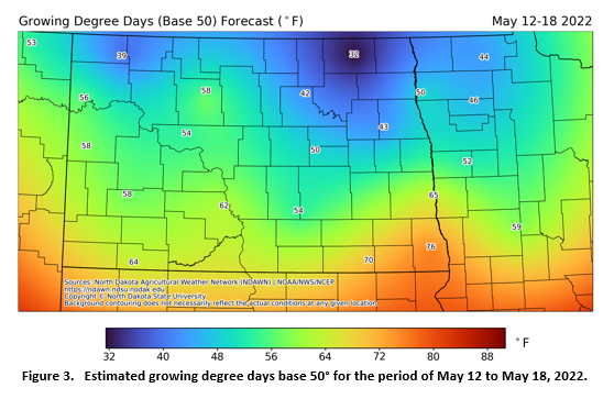 Figure 3.   Estimated growing degree days base 50° for the period of May 12 to May 18, 2022.