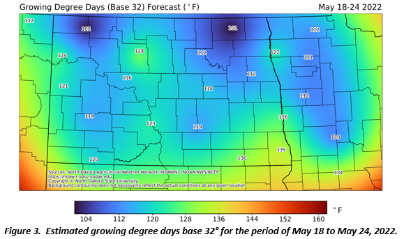 Figure 3.  Estimated growing degree days base 32° for the period of May 18 to May 24, 2022.