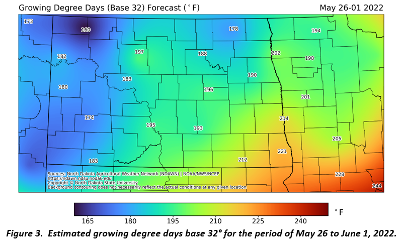 Figure 3.  Estimated growing degree days base 32° for the period of May 26 to June 1, 2022.