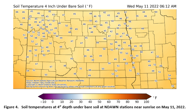 Figure 4.   Soil temperatures at 4” depth under bare soil at NDAWN stations near sunrise on May 11, 2022.