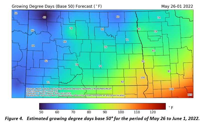 Figure 4.   Estimated growing degree days base 50° for the period of May 26 to June 1, 2022.