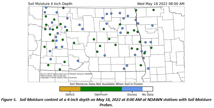 Figure 5.   Soil Moisture content at a 4-inch depth on May 18, 2022 at 8:00 AM at NDAWN stations with Soil Moisture Probes.