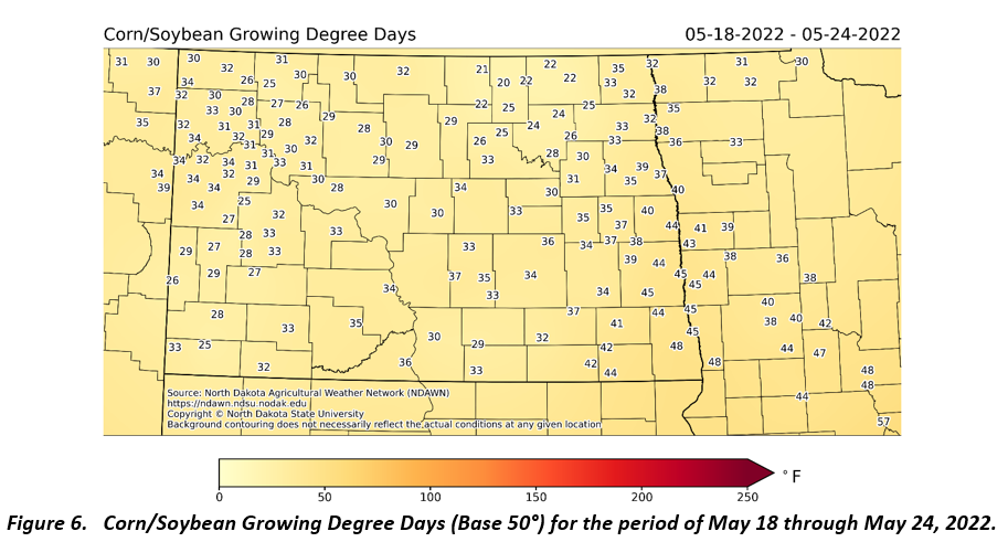 Figure 6. Corn/Soybean Growing Degree Days (Base 50°) for the period of May 18 through May 24, 2022.