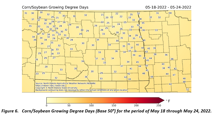 Figure 6.   Corn/Soybean Growing Degree Days (Base 50°) for the period of May 18 through May 24, 2022.