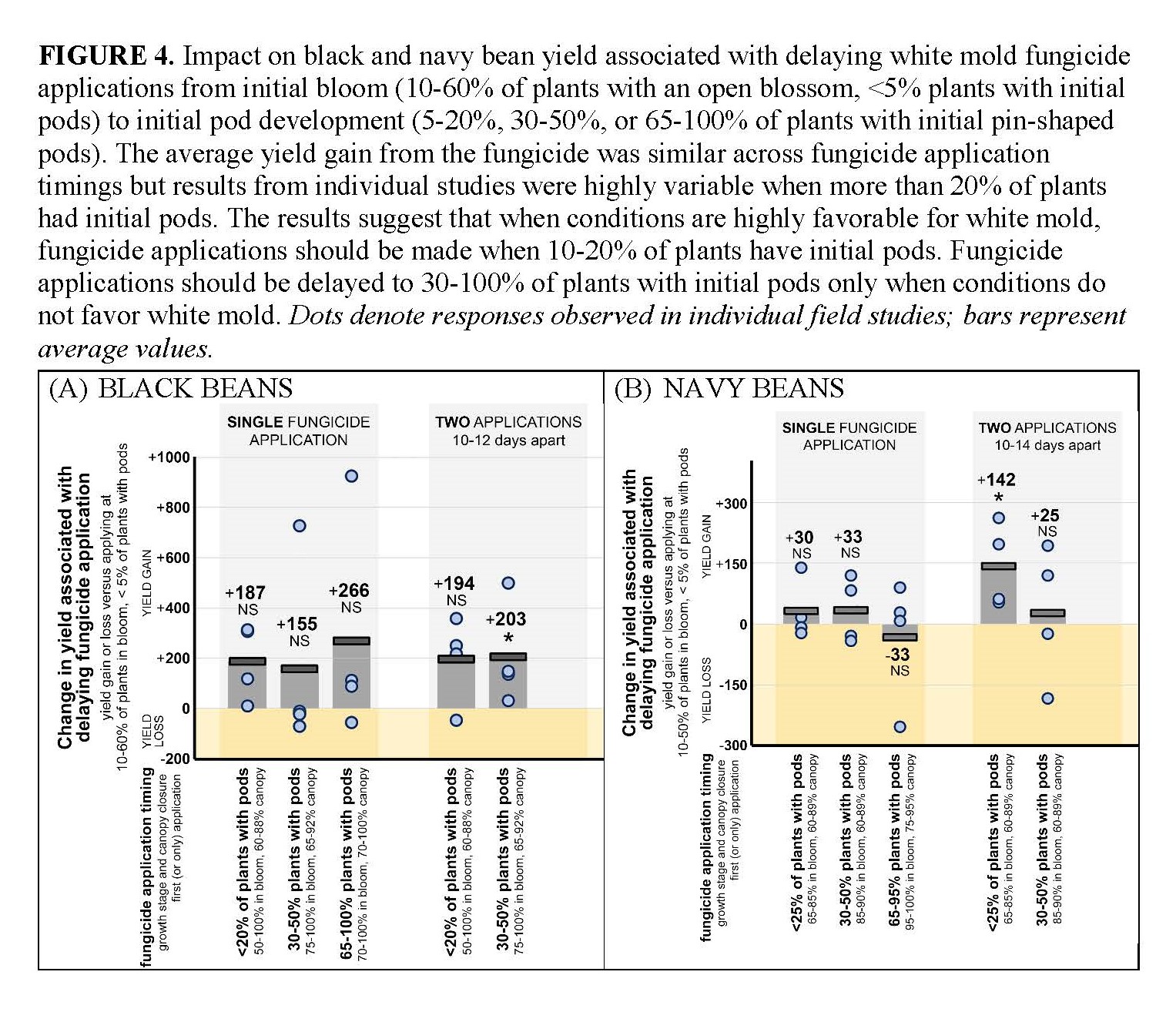 Impact on black and navy bean yield associated with delaying white mold fungicide applications from initial bloom (10-60% of plants with an open blossom, <5% plants with initial pods) to initial pod development (5-20%, 30-50%, or 65-100% of plants with initial pin-shaped pods). 