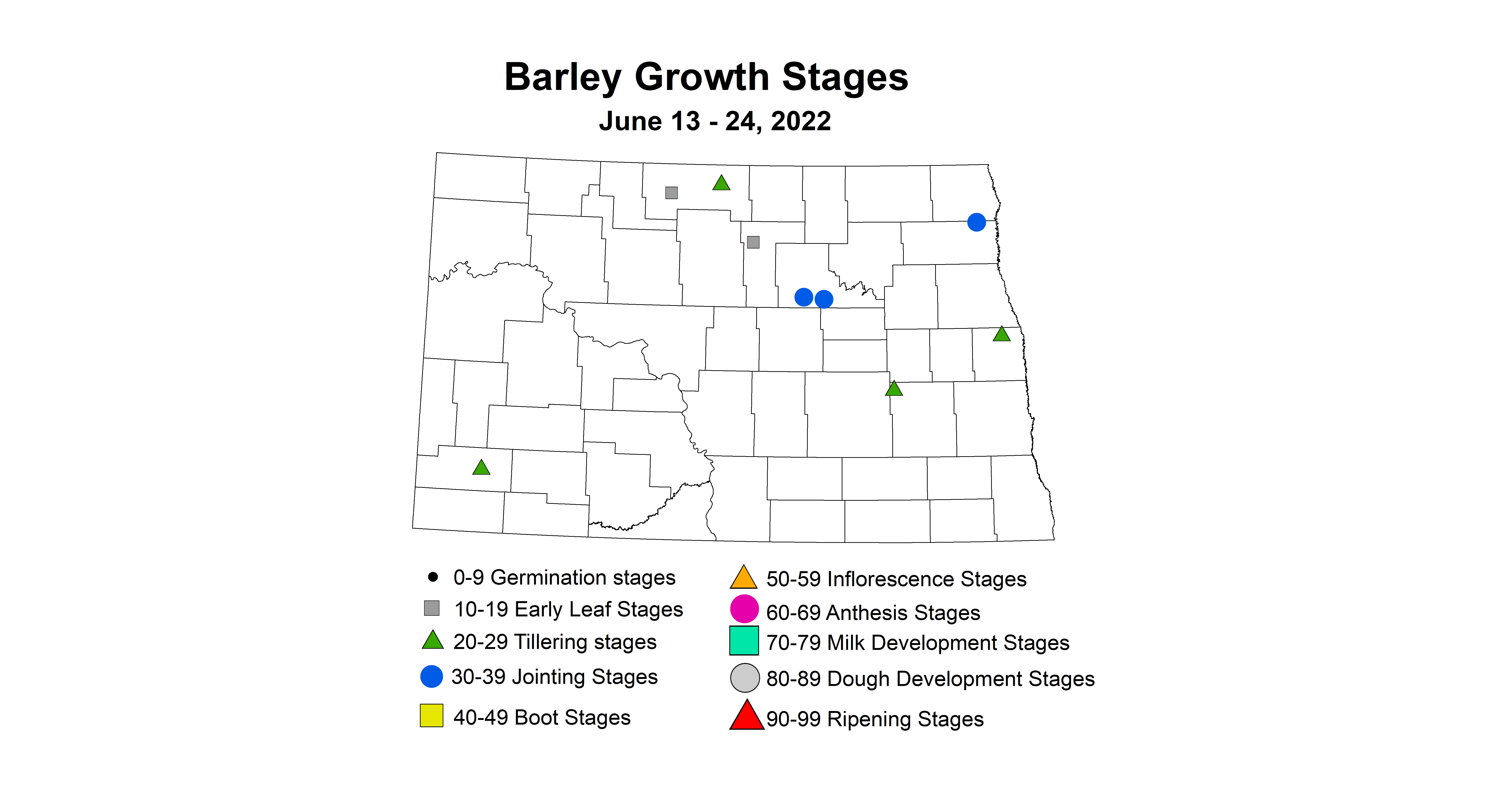 ND IPM map of Barley growth stages June 13-24, 2022