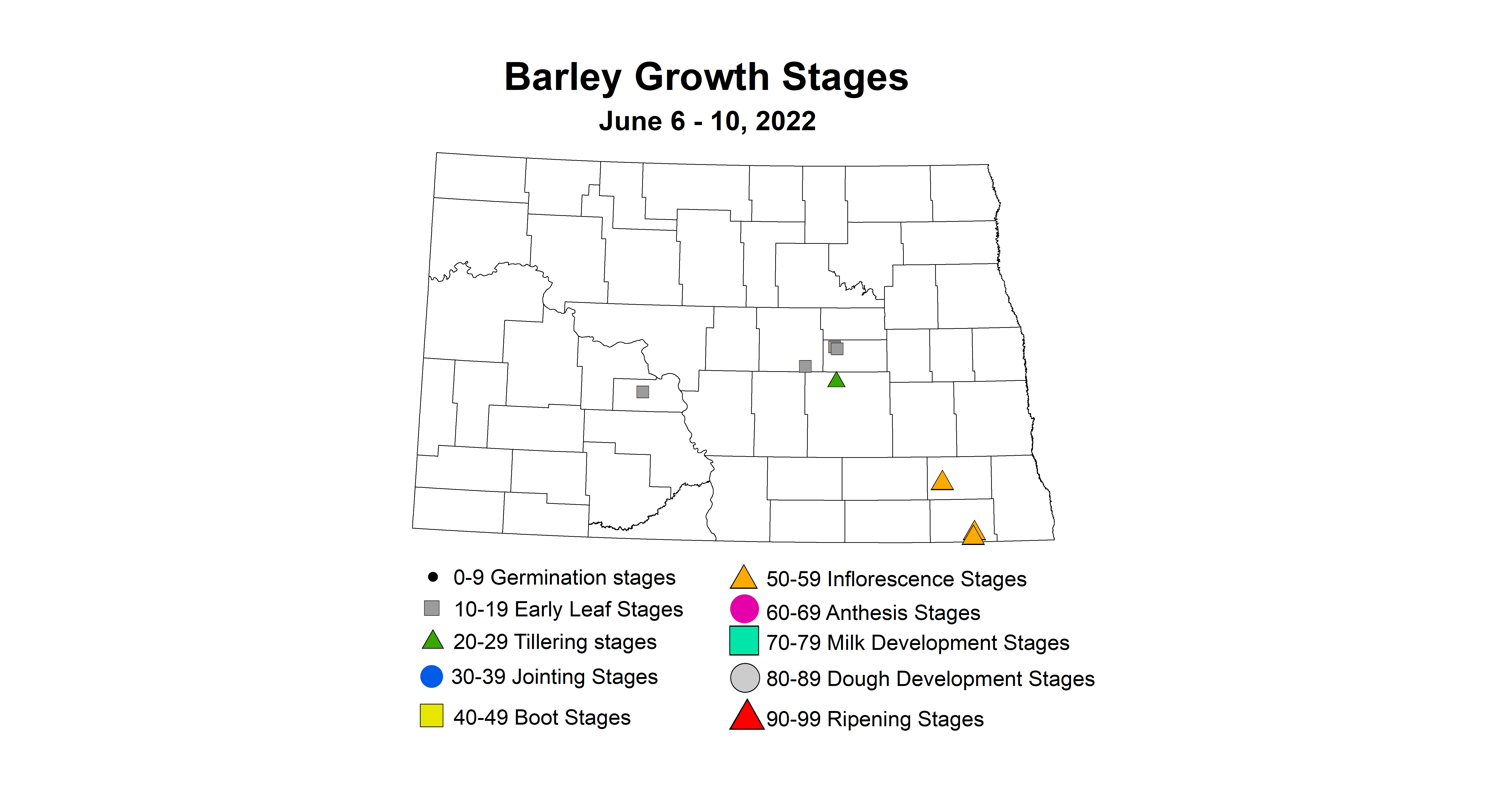 ND IPM map of Barley growth stages June 6-10, 2022