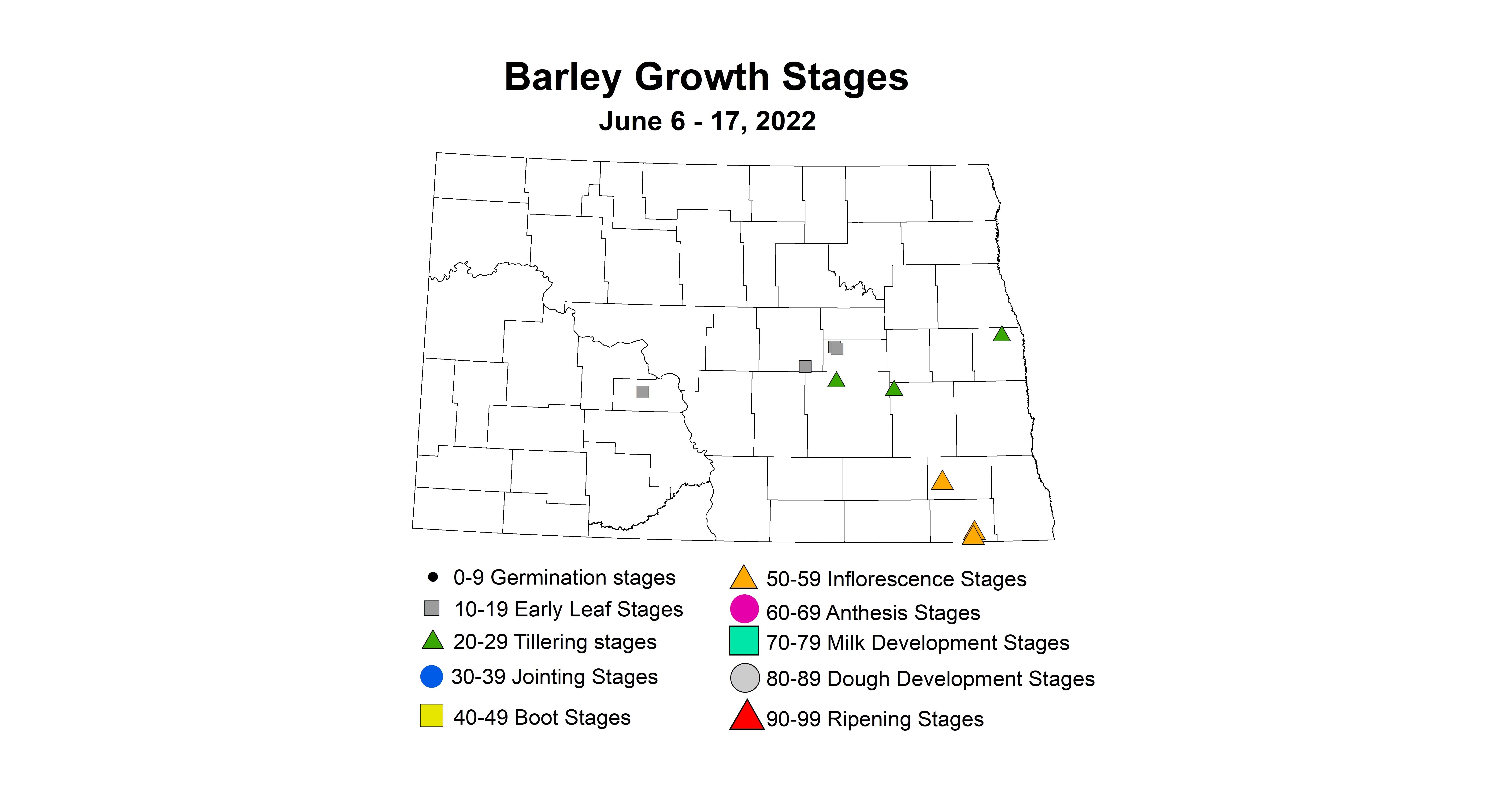 ND IPM map of Barley growth stages June 6-17, 2022