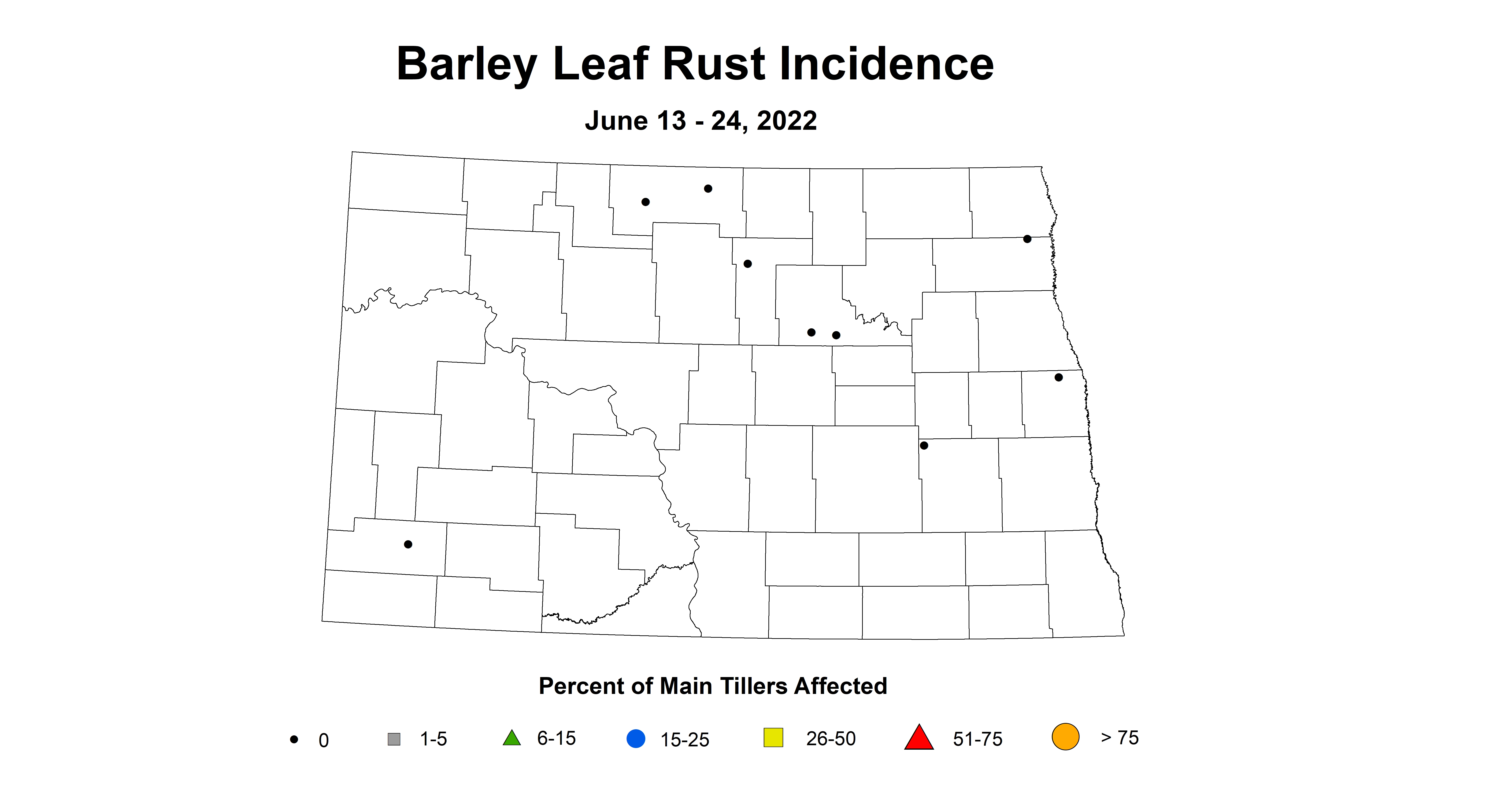 ND IPM map of Barley leaf rust percent incidence,  June 13-24, 2022