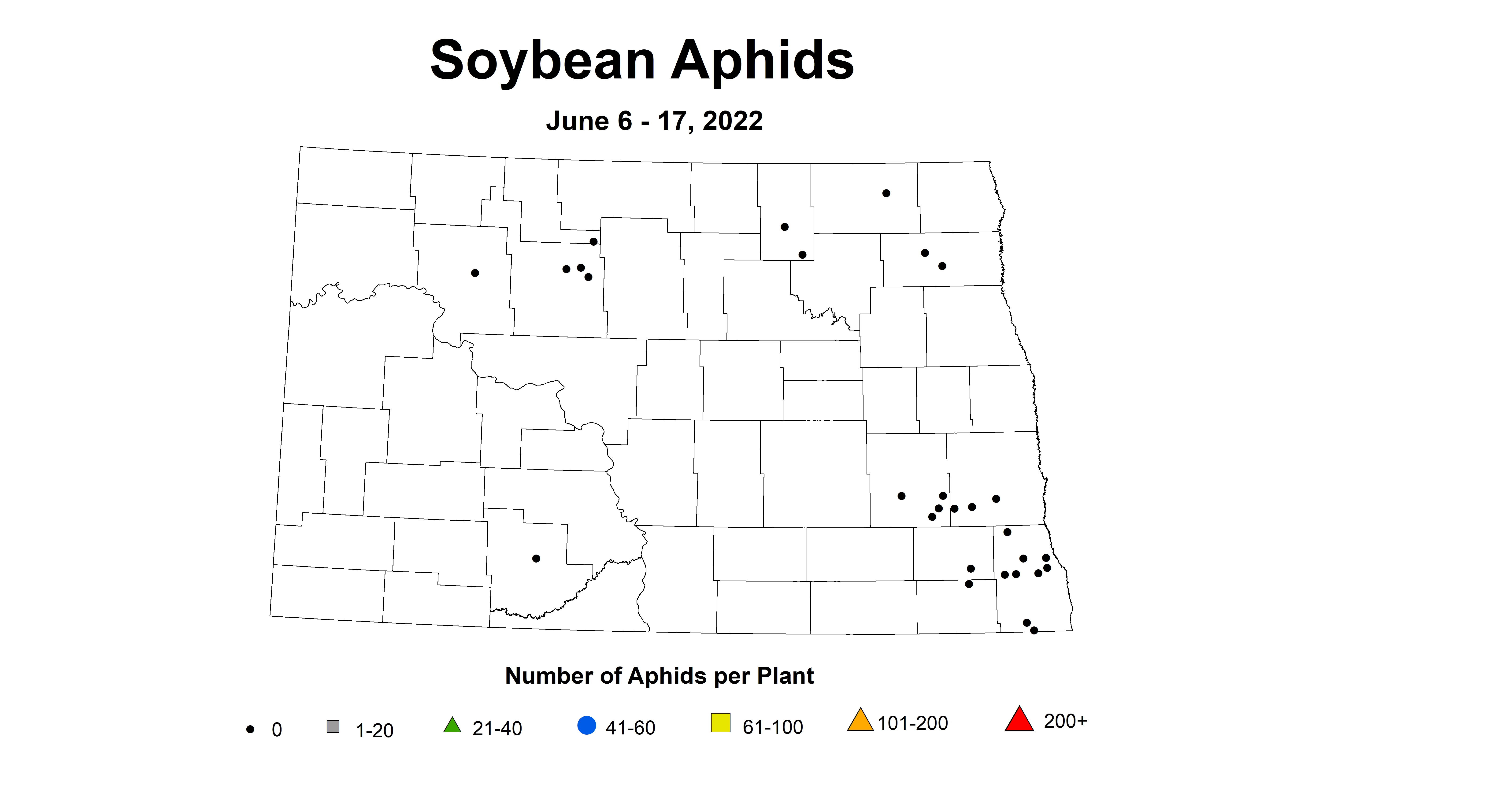 ND IPM map of soybean average number of aphid June 6 - 17 2022