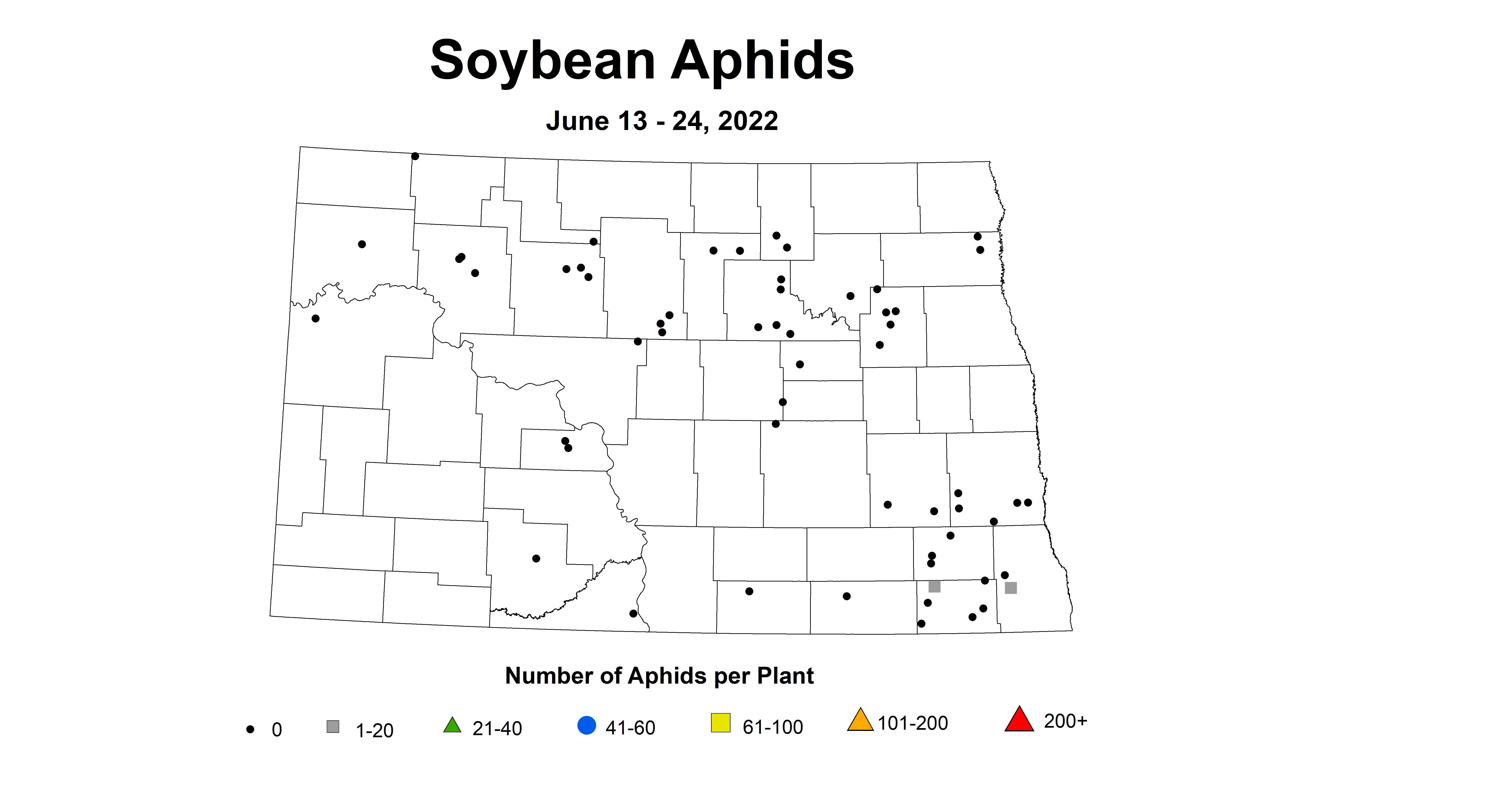 ND IPM map of soybean average number of aphid June 13 - 24, 2022