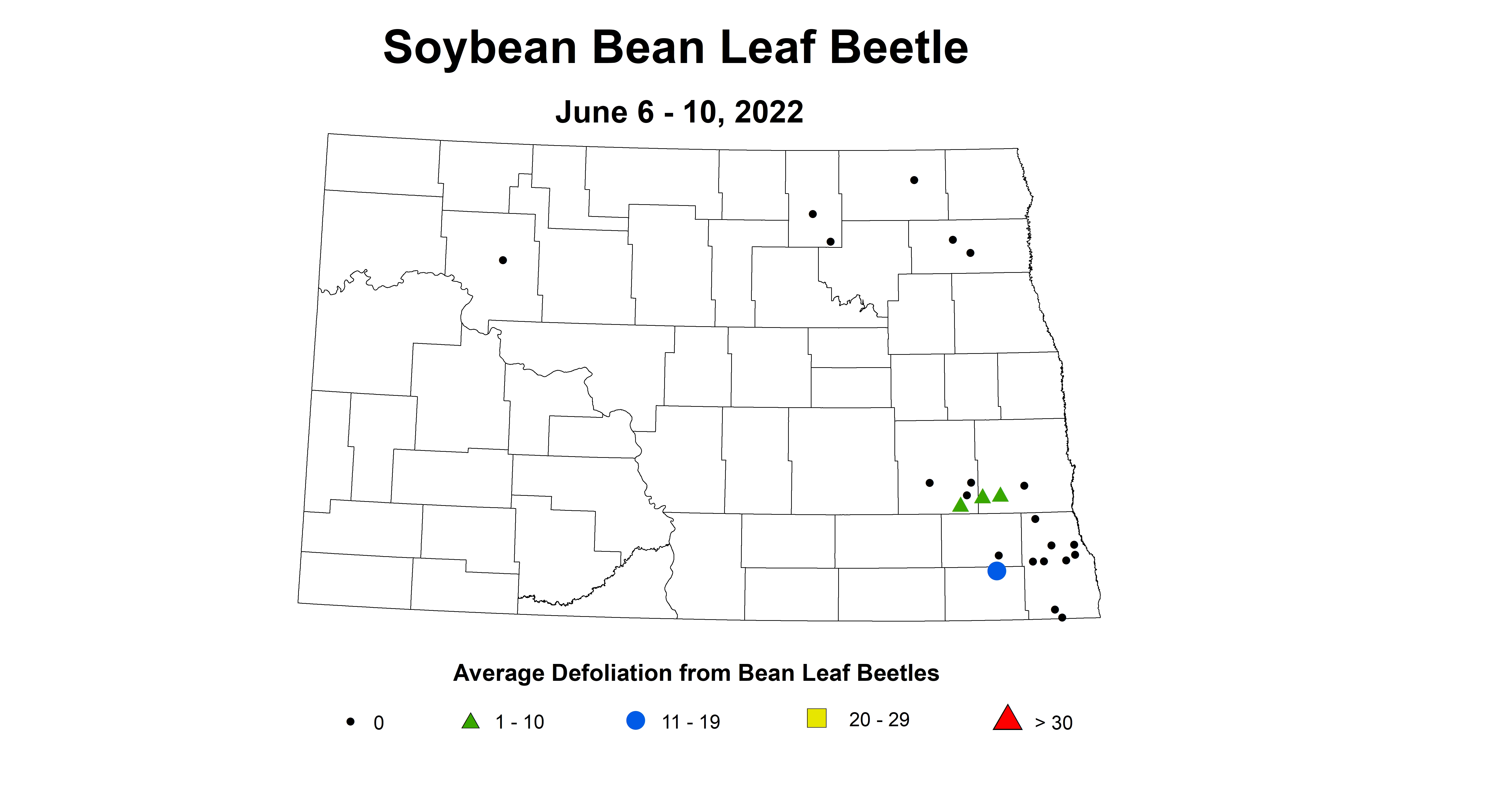 ND IPM map of soybean average defoliation of bean leaf beetles  June 6-10, 2022