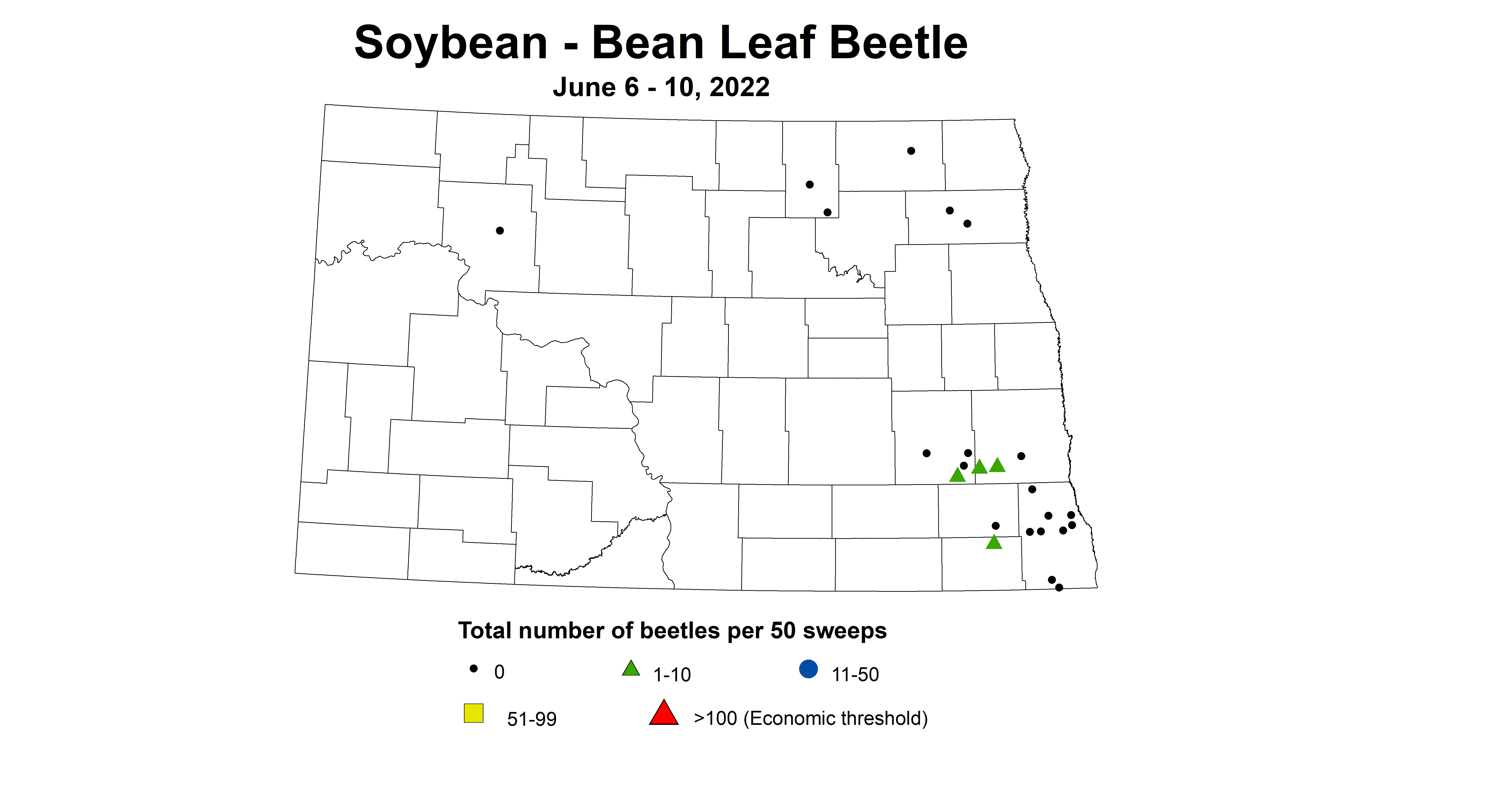 ND IPM map of soybean total number of beetles per 50 sweeps June 6-10, 2022