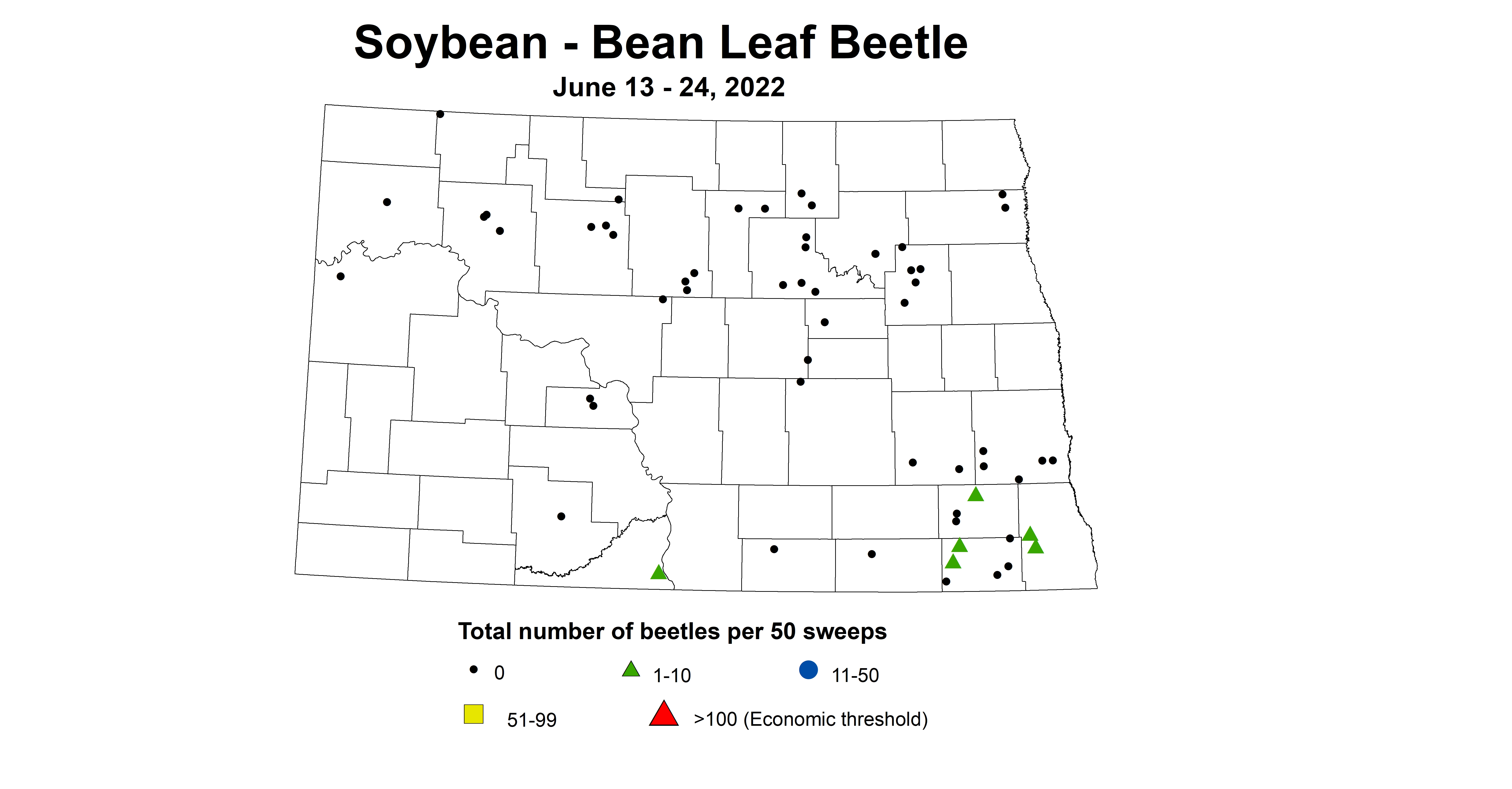 ND IPM map of soybean total number of beetles per 50 sweeps June 13-24, 2022