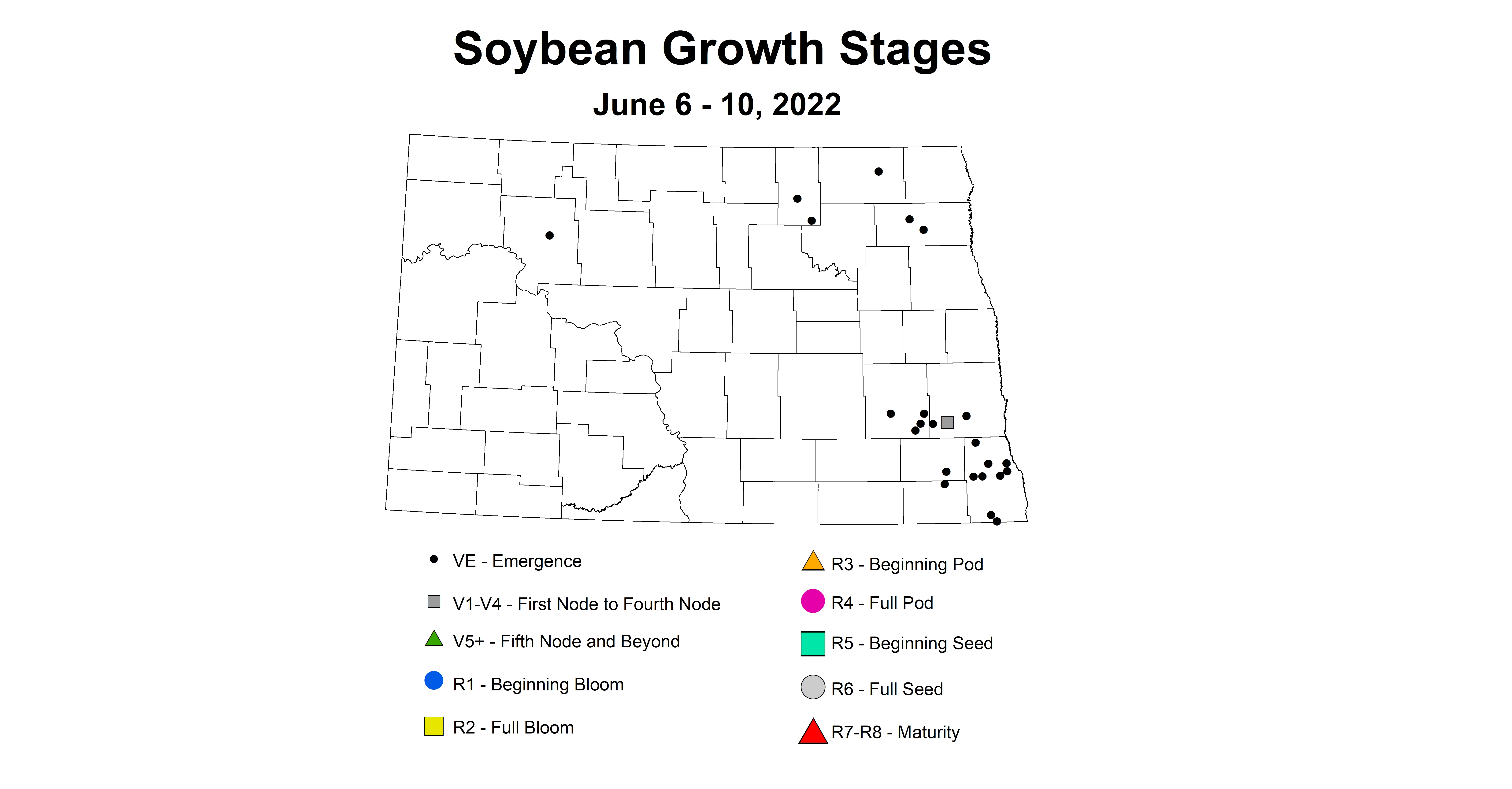 ND IPM map of soybean growth stages June 6-10, 2022