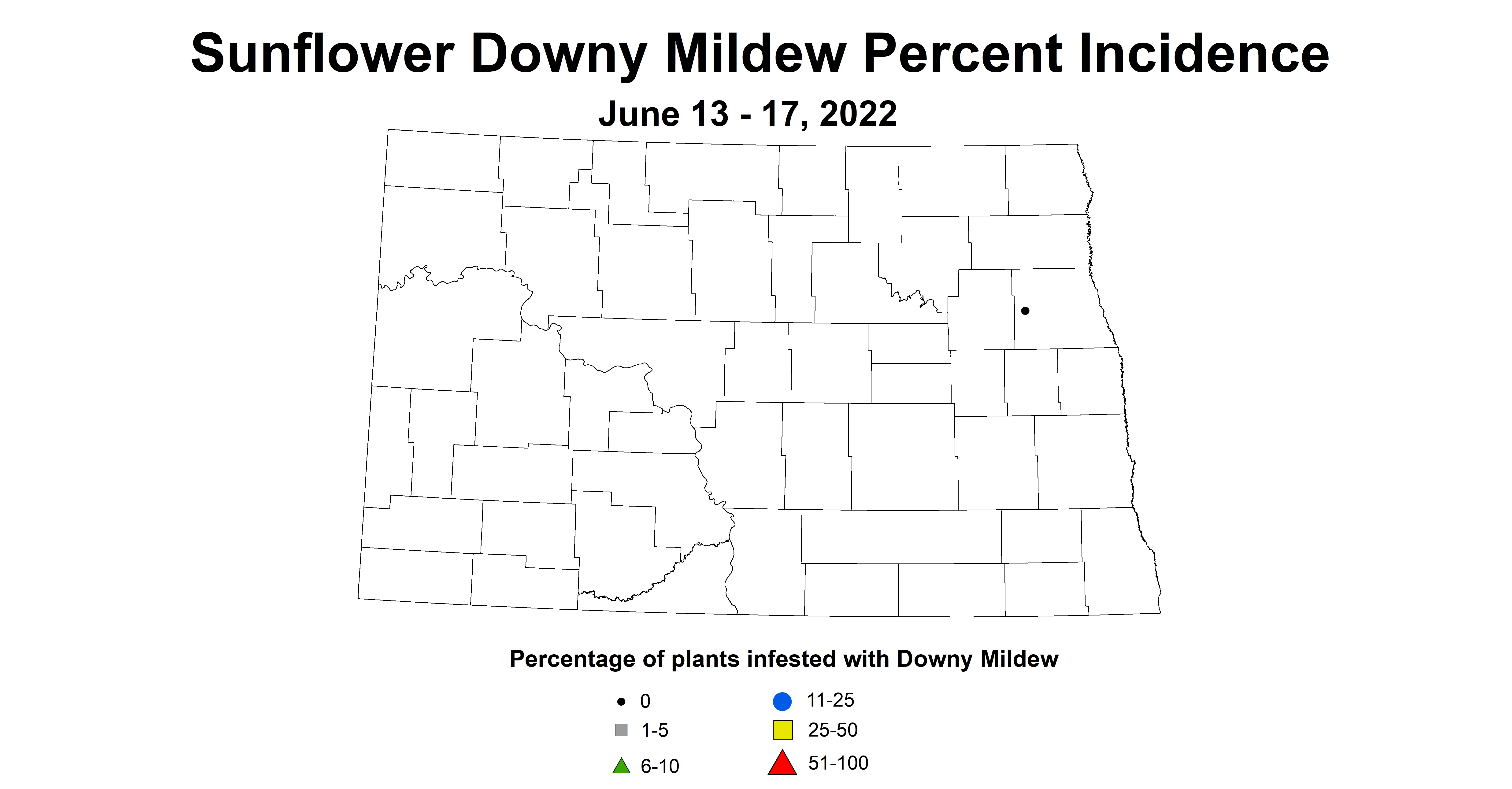 ND IPM map of sunflower downy mildew incidence June 13 - 17 2022