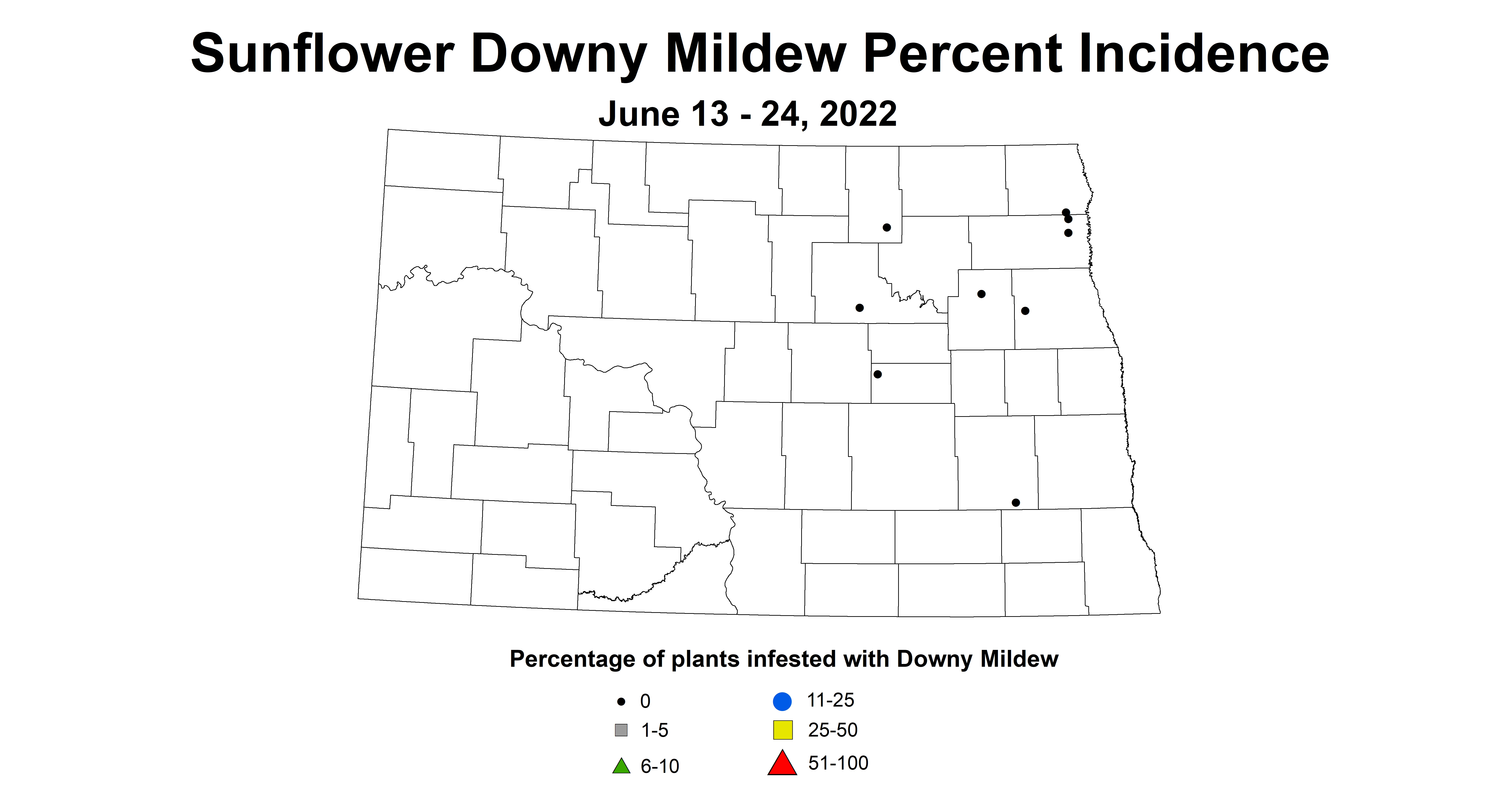 ND IPM map of sunflower downy mildew incidence June 13 - 24, 2022
