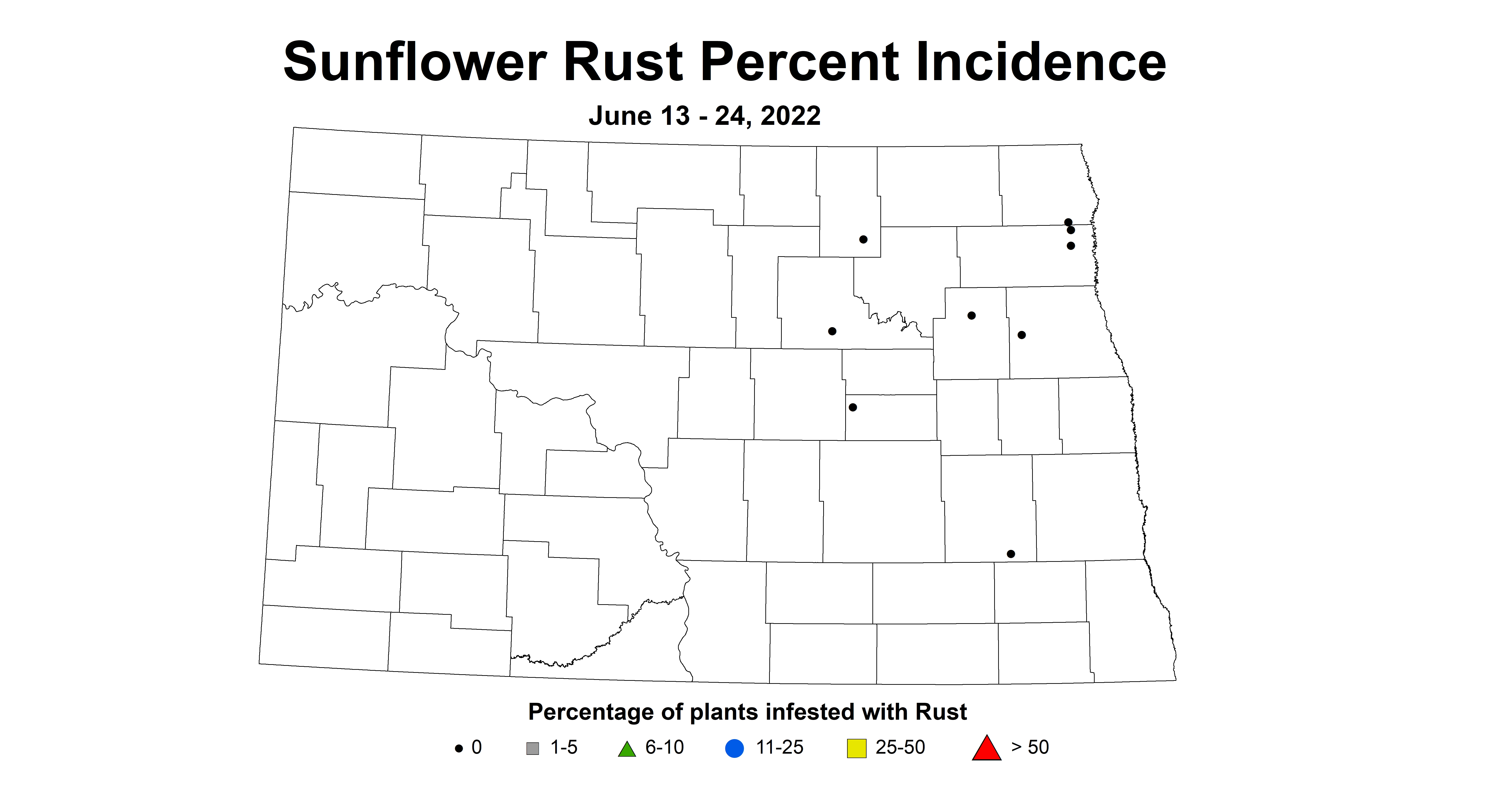 ND IPM map of sunflower leaf rust incidence June 13 - 24, 2022