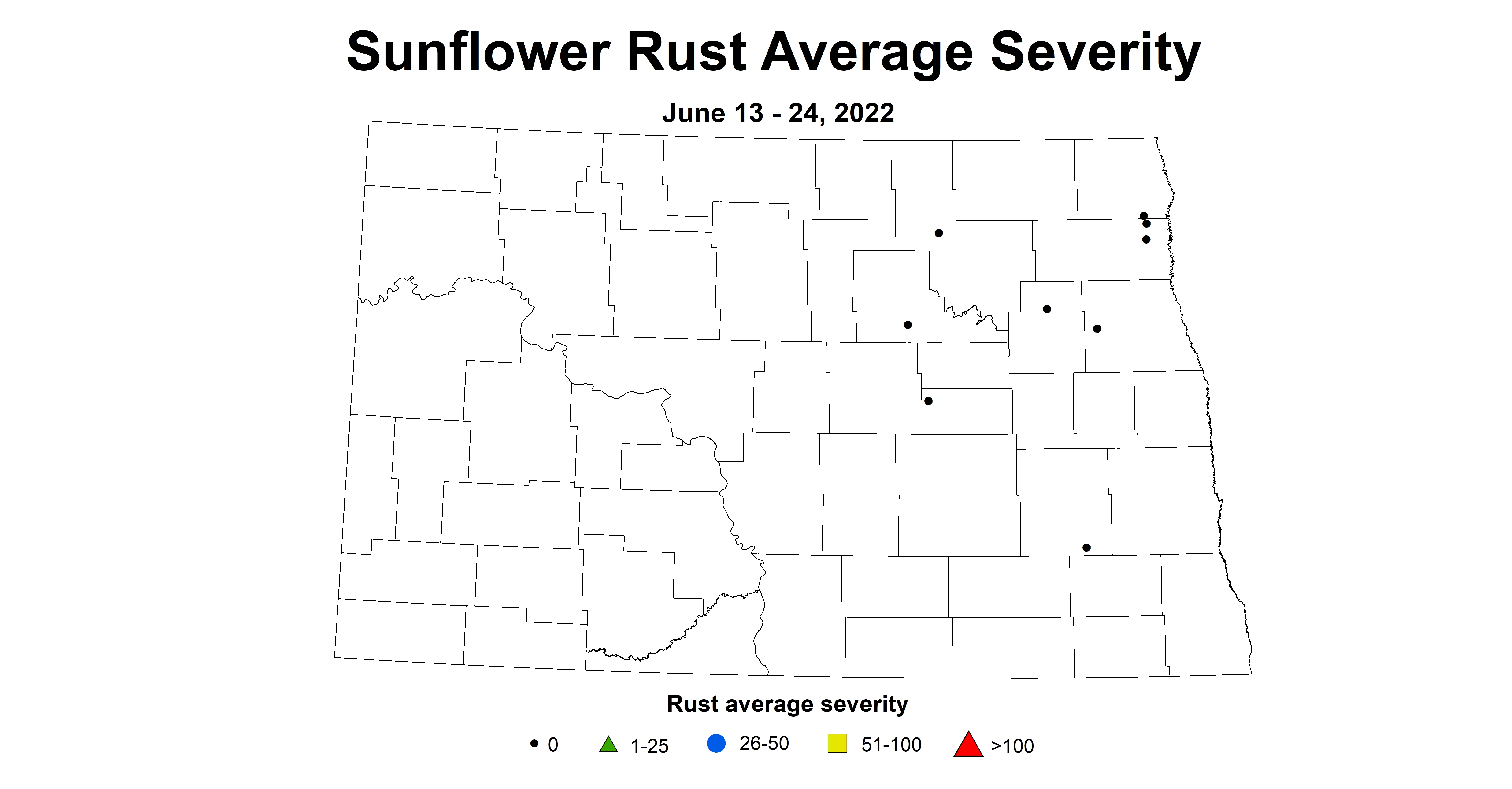 ND IPM map of sunflower leaf rust severity June 13 - 24, 2022