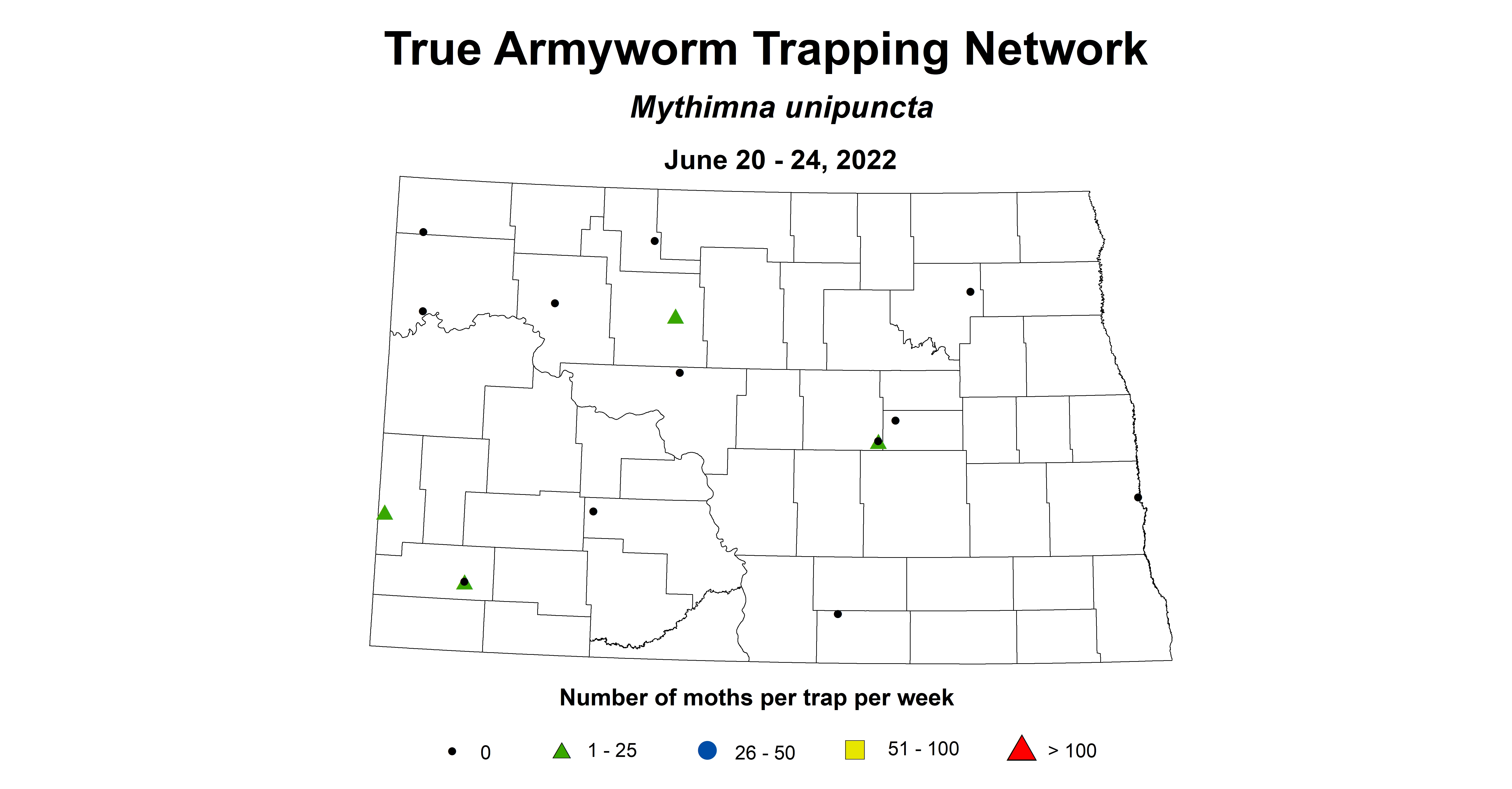 ND IPM map of wheat insect trap true armyworm June 20-24, 2022