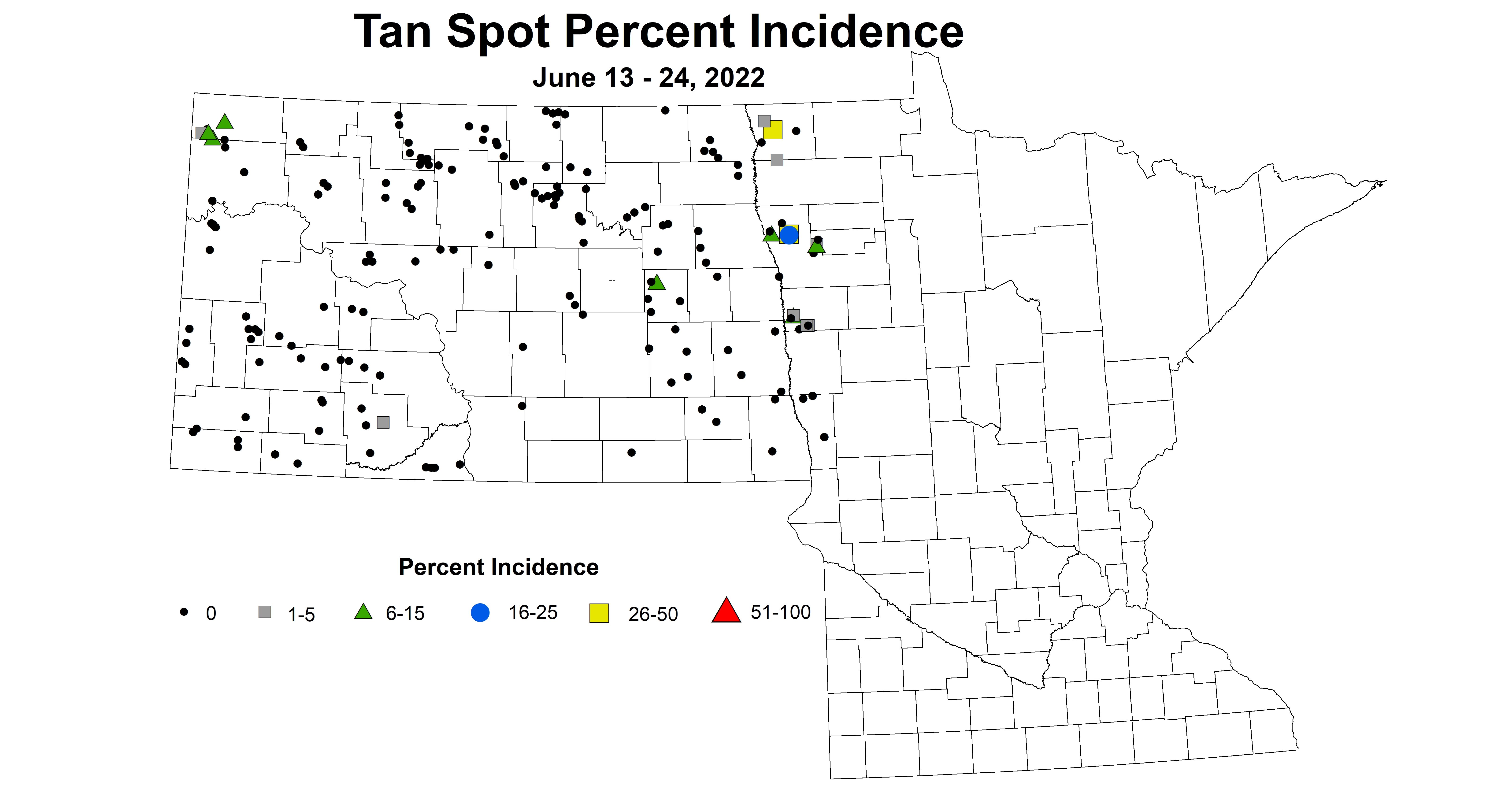 ND IPM map of wheat tan spot incidence June 13-24, 2022
