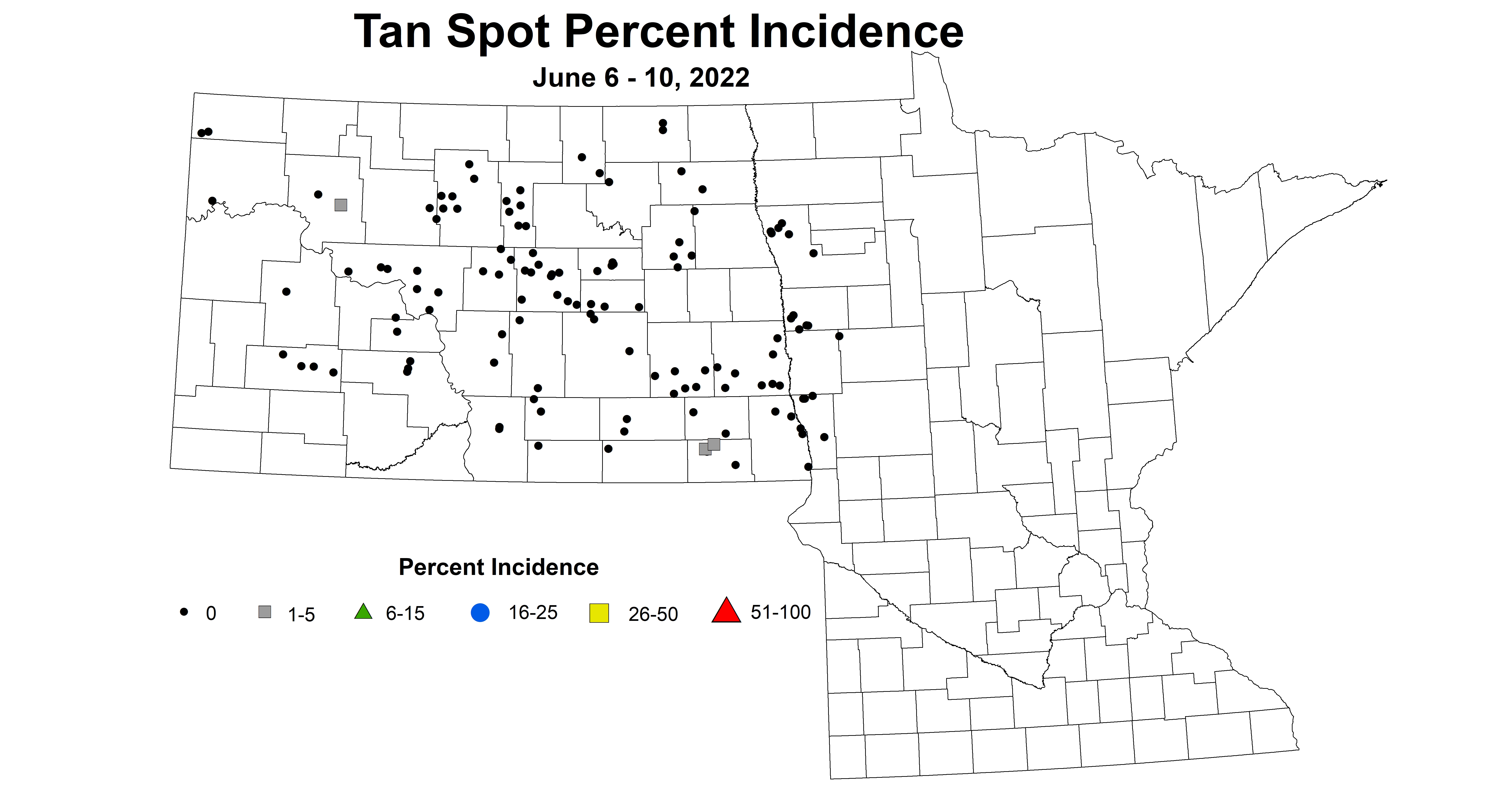 ND IPM map of wheat tan spot incidence June 6-10, 2022
