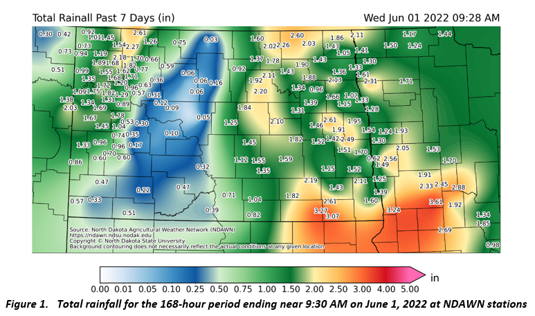 Figure 1. Total rainfall for the 168-hour period ending near 9:30 AM on June 1, 2022 at NDAWN stations