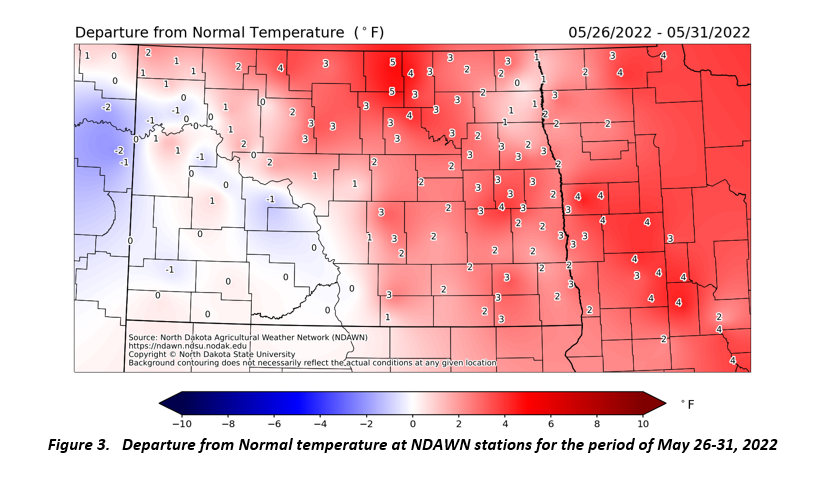 Figure 3. Departure from Normal temperature at NDAWN stations for the period of May 26-31, 2022
