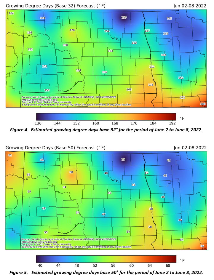 Figure 4. Estimated growing degree days base 32° for June 2-8, 2022. Figure 5. Estimated growing degree days base 50° for June 2-8, 2022.