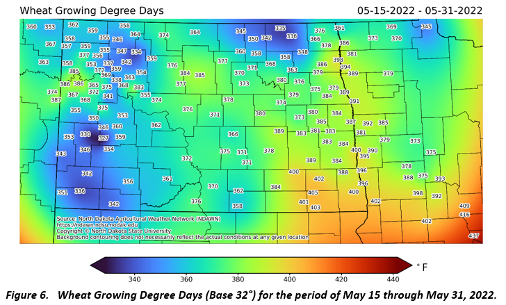 Figure 6. Wheat Growing Degree Days (Base 32°) for the period of May 15 through May 31, 2022.