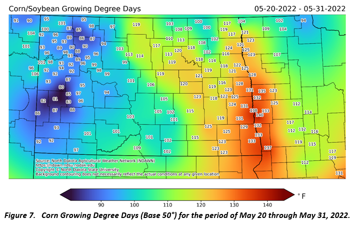 Figure 7. Corn Growing Degree Days (Base 50°) for the period of May 20 through May 31, 2022.