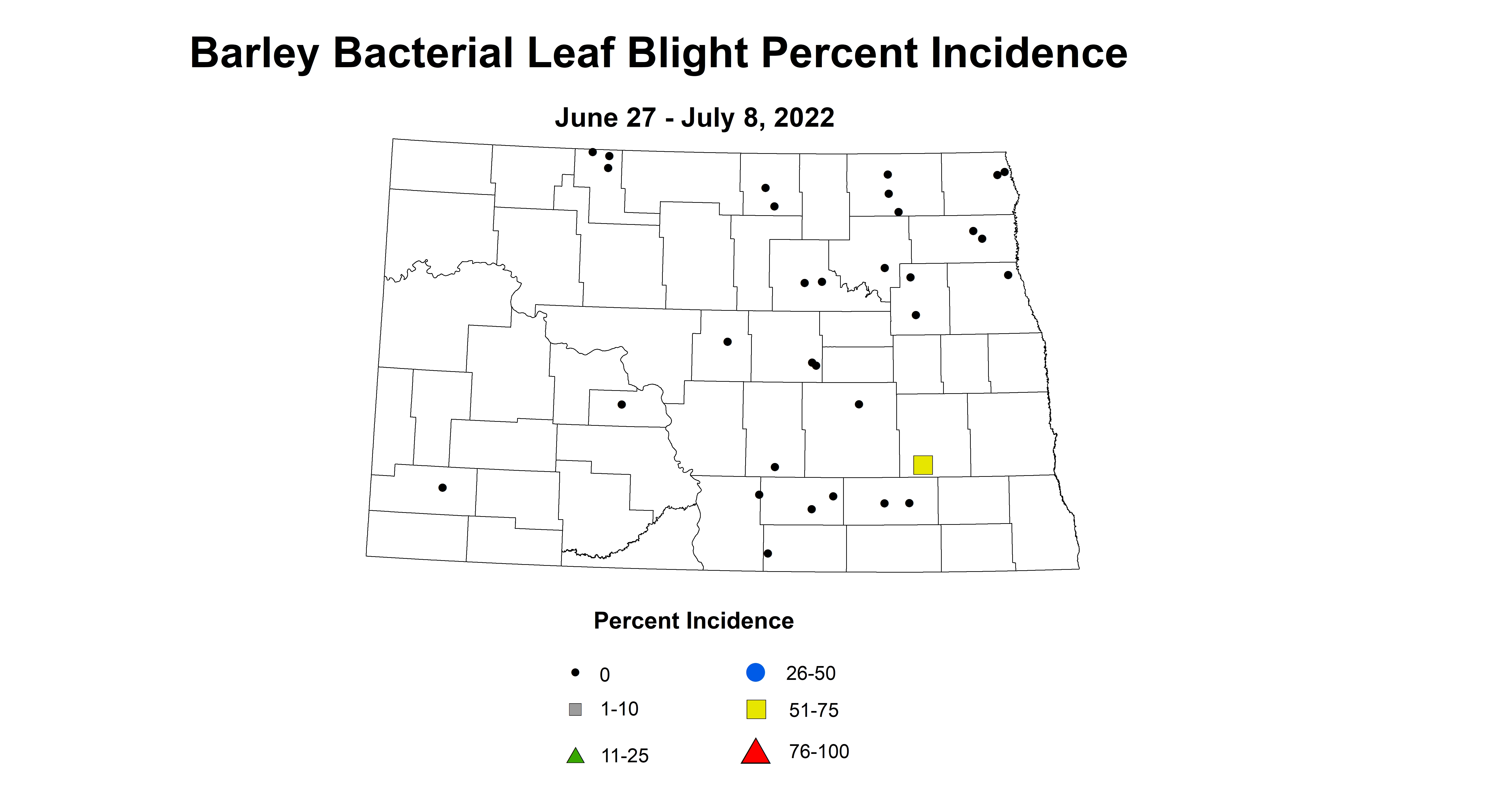 ND IPM map of barley bacterial leaf blight June 27 to July 8 2022