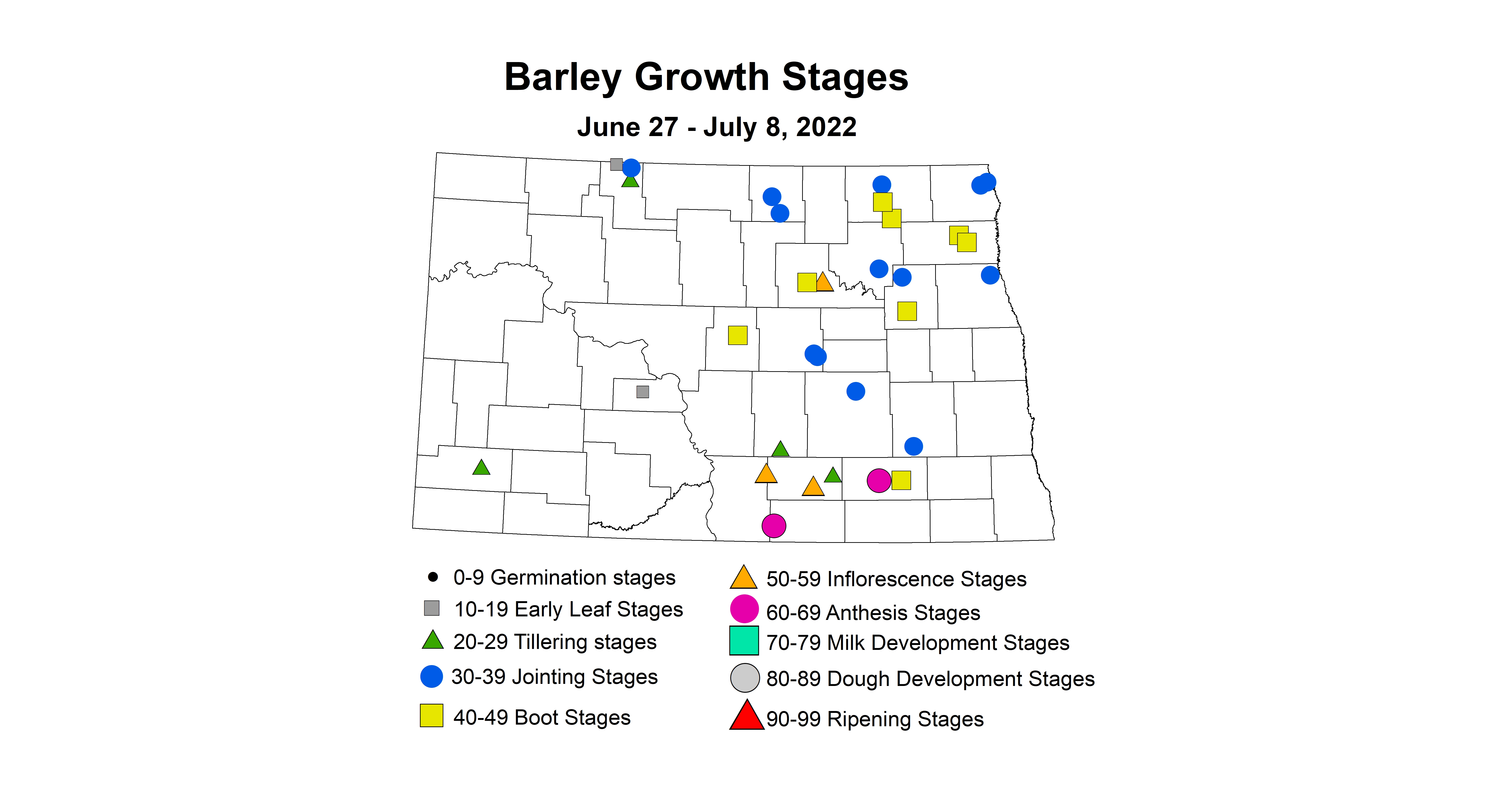 ND IPM map of barley growth stages June 27 to July 8 2022
