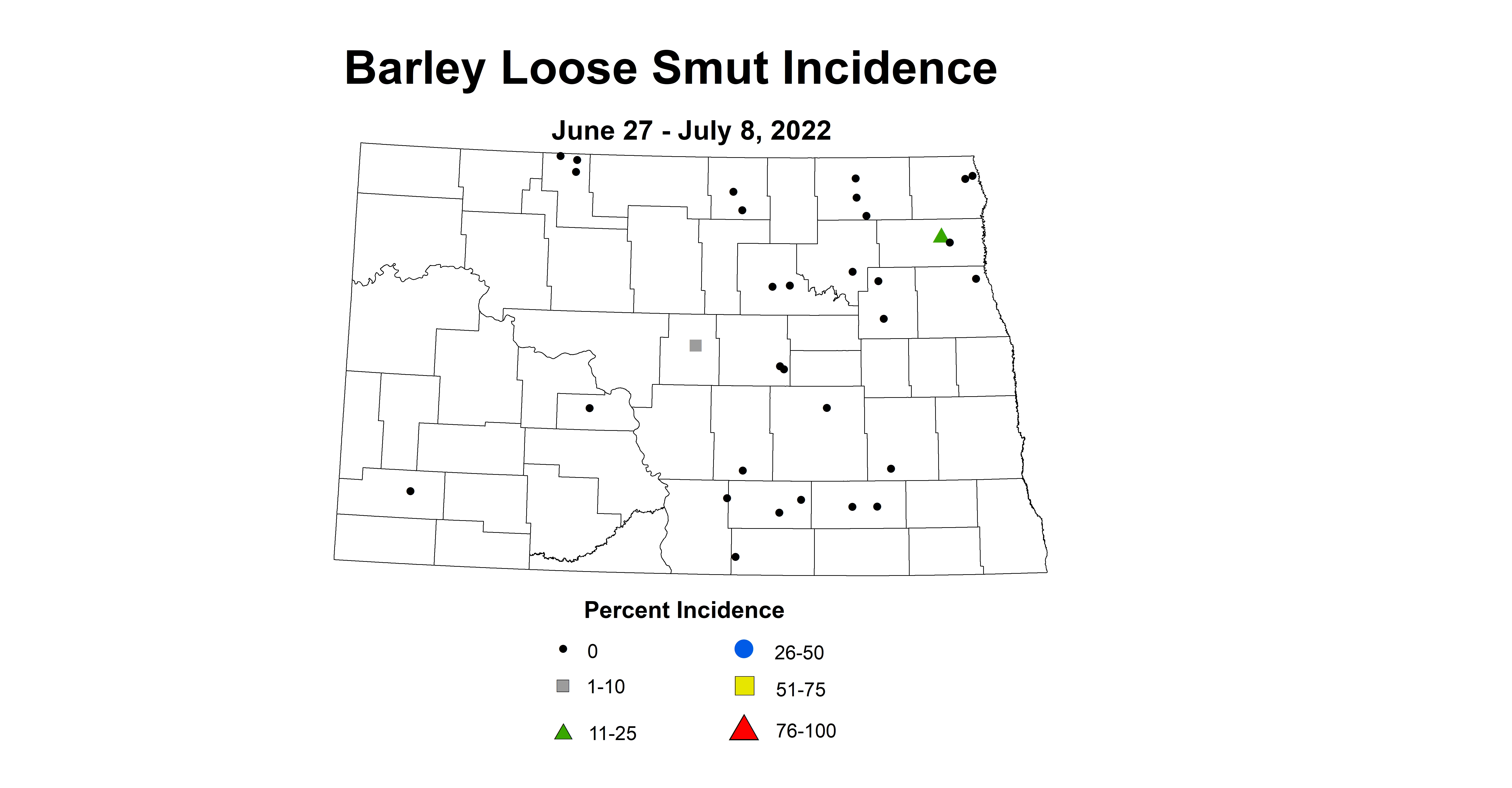 ND IPM map of barley loose smut percent incidence June 27 to July 8 2022