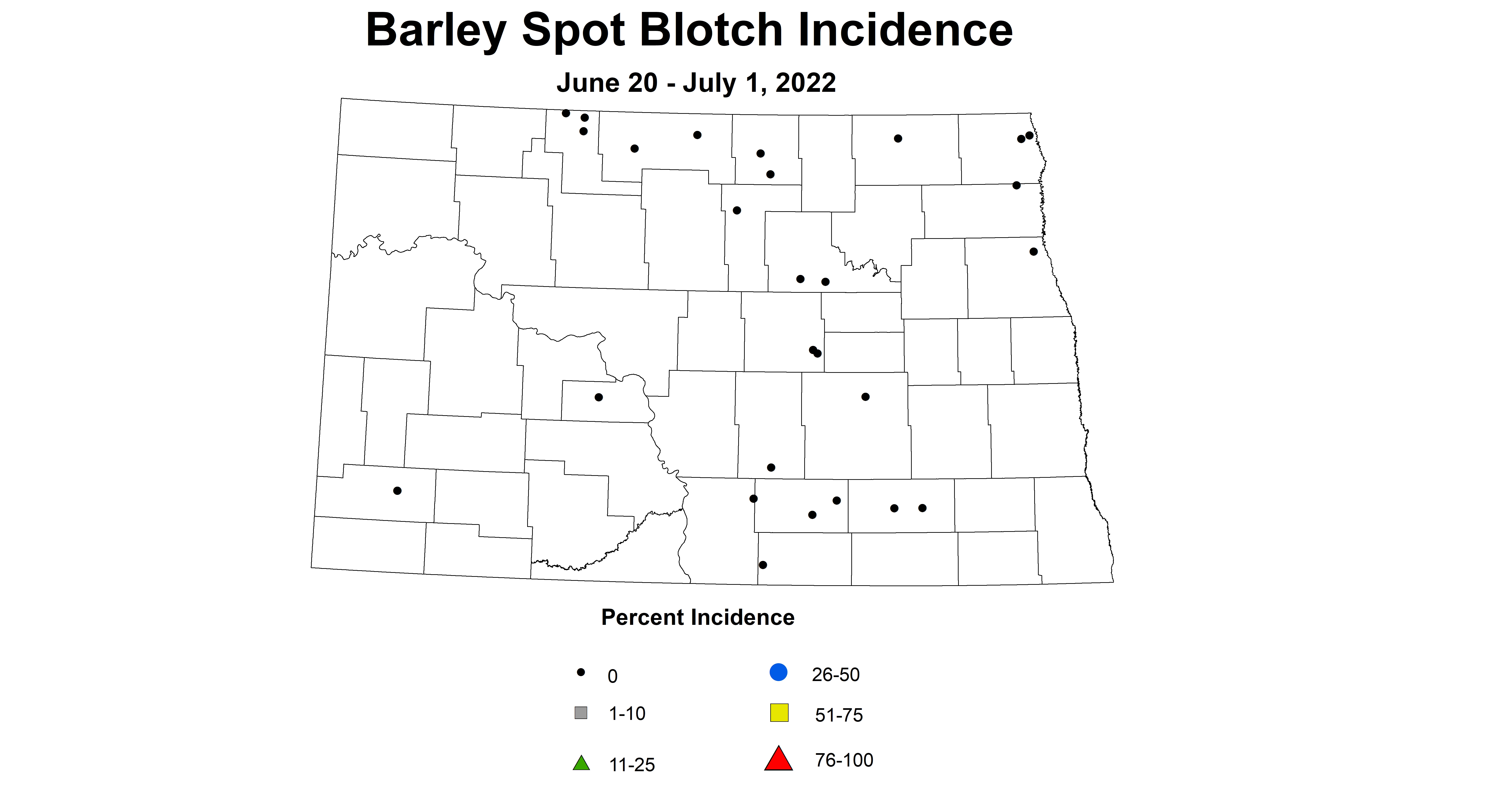 ND IPM map of barley spot blotch incidence June 20 to July 1 2022