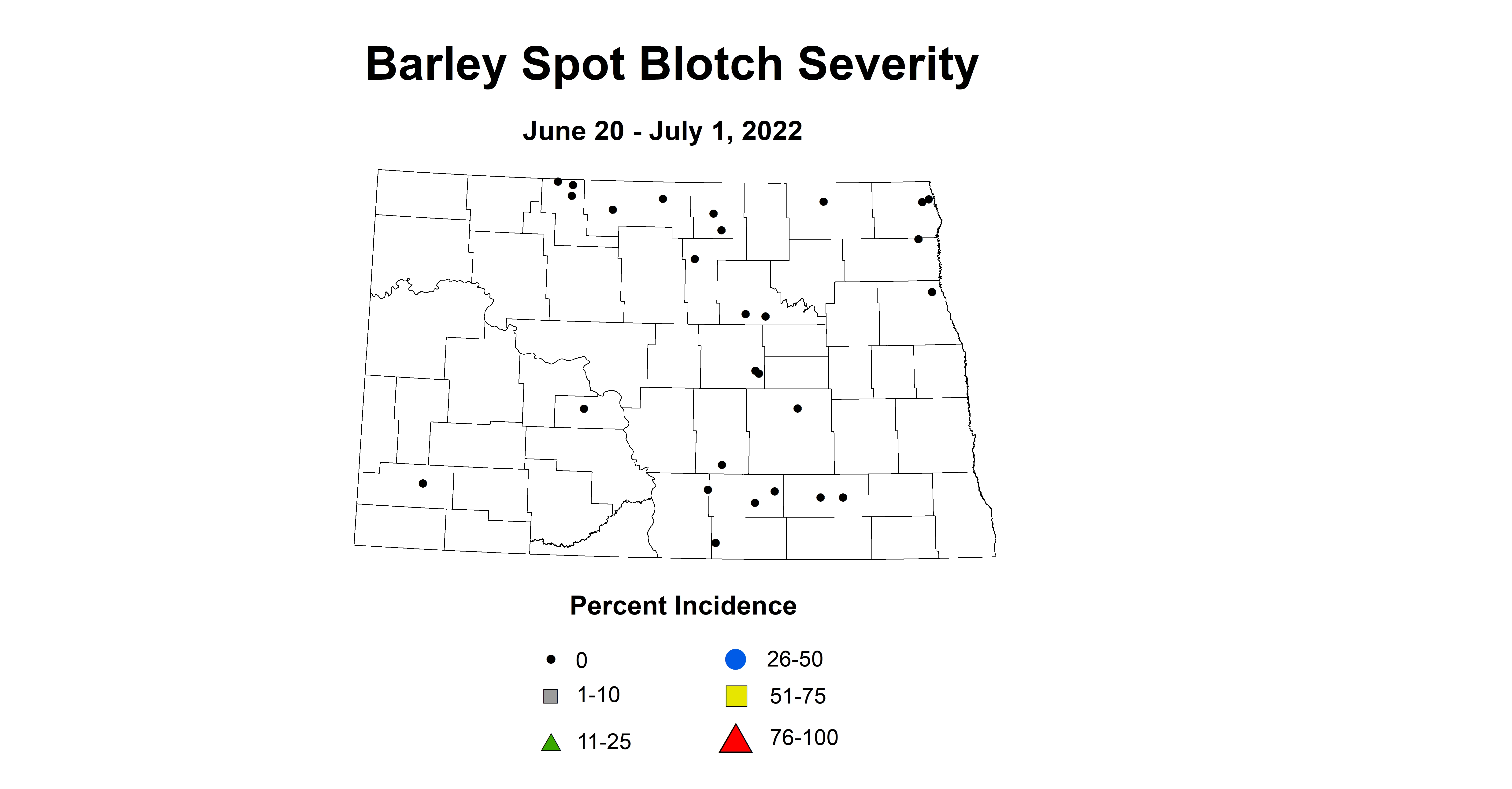 ND IPM map of barley spot blotch severity June 20 to July 1 2022