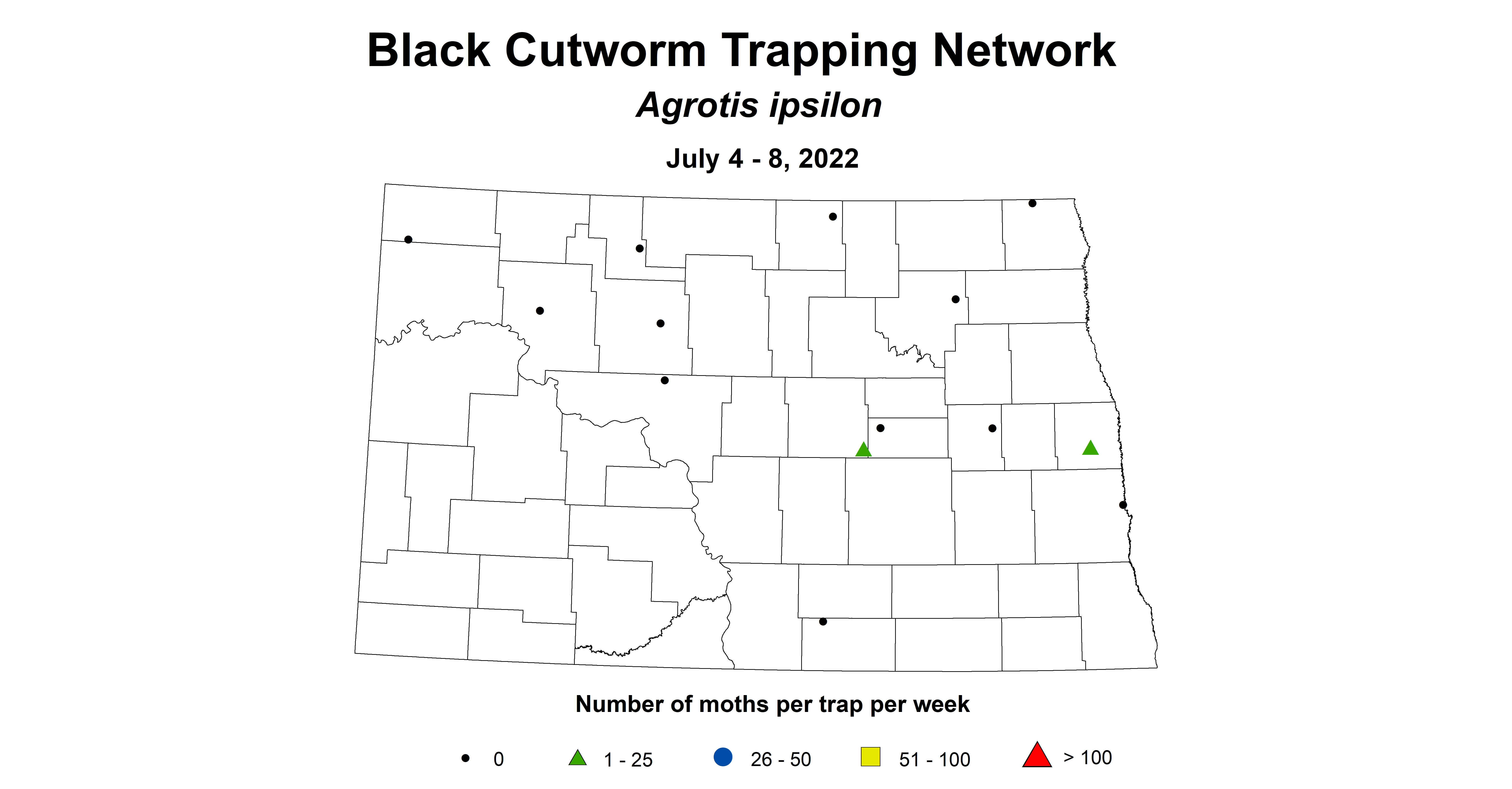 ND IPM map of wheat insect trap black cutworm July 4-8, 2022