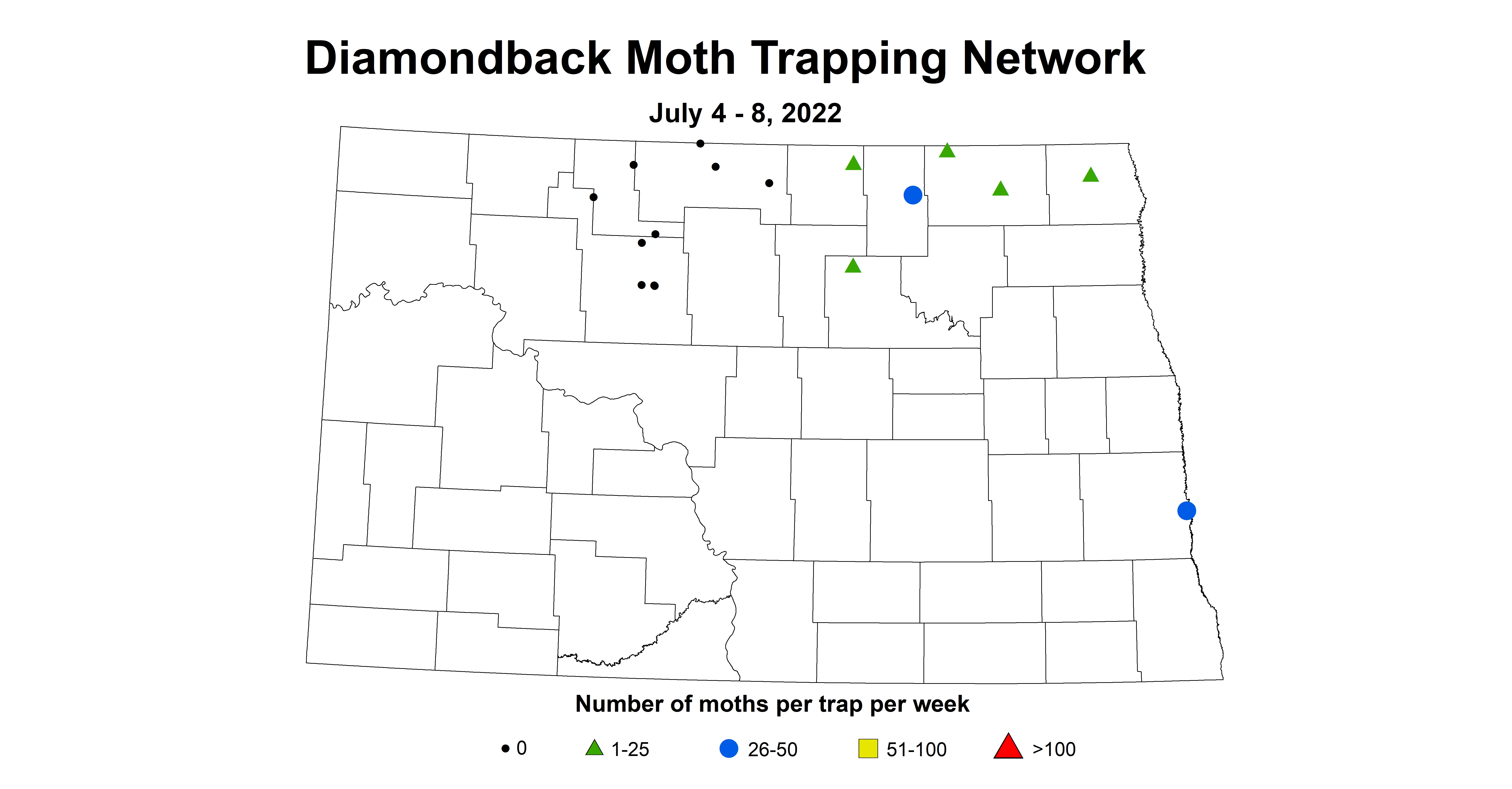 ND IPM map of canola insect trap diamondback moth July 4-8 2022