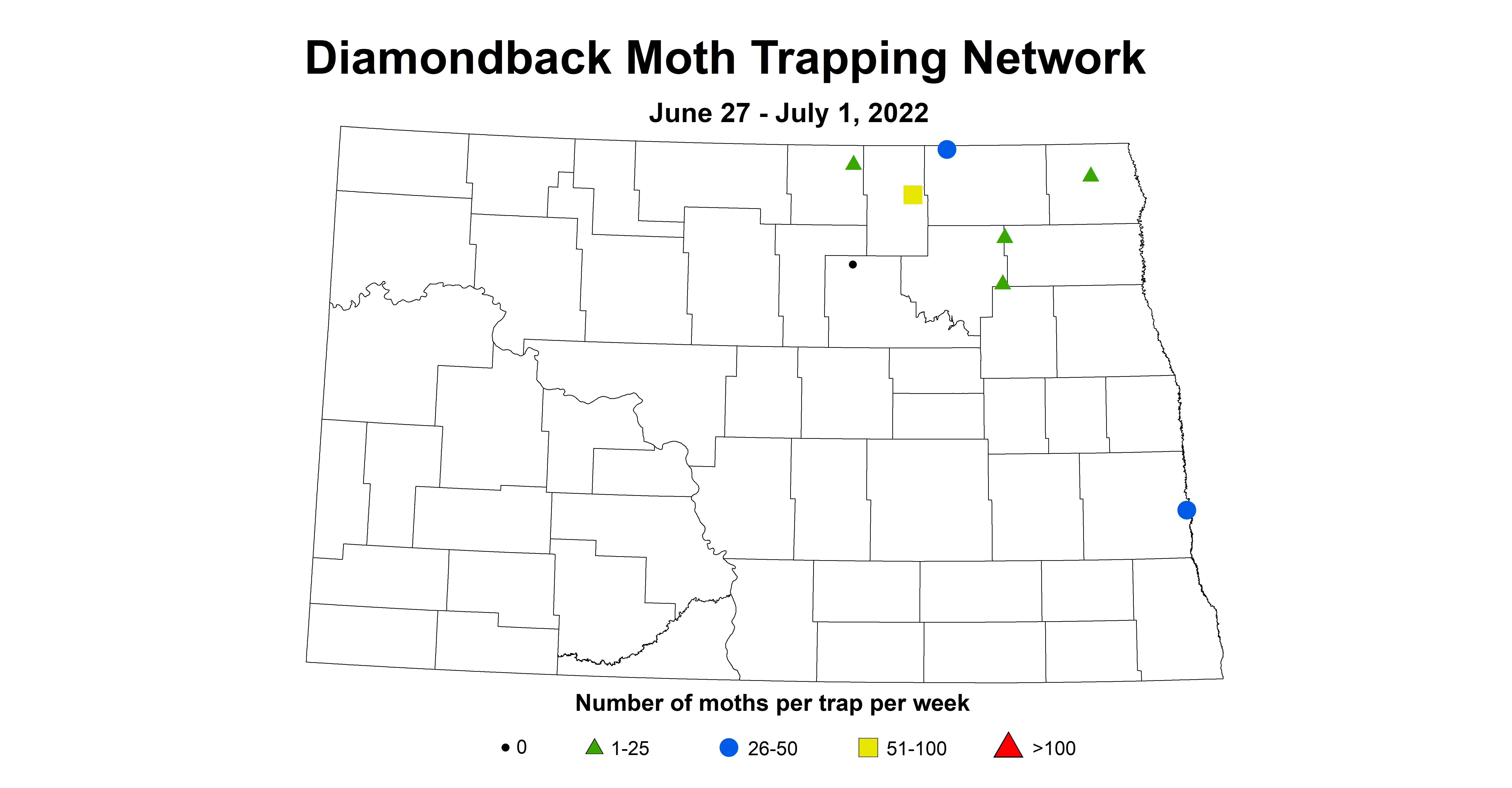 ND IPM map of canola insect trap diamondback moth June 27 to July 1 2022