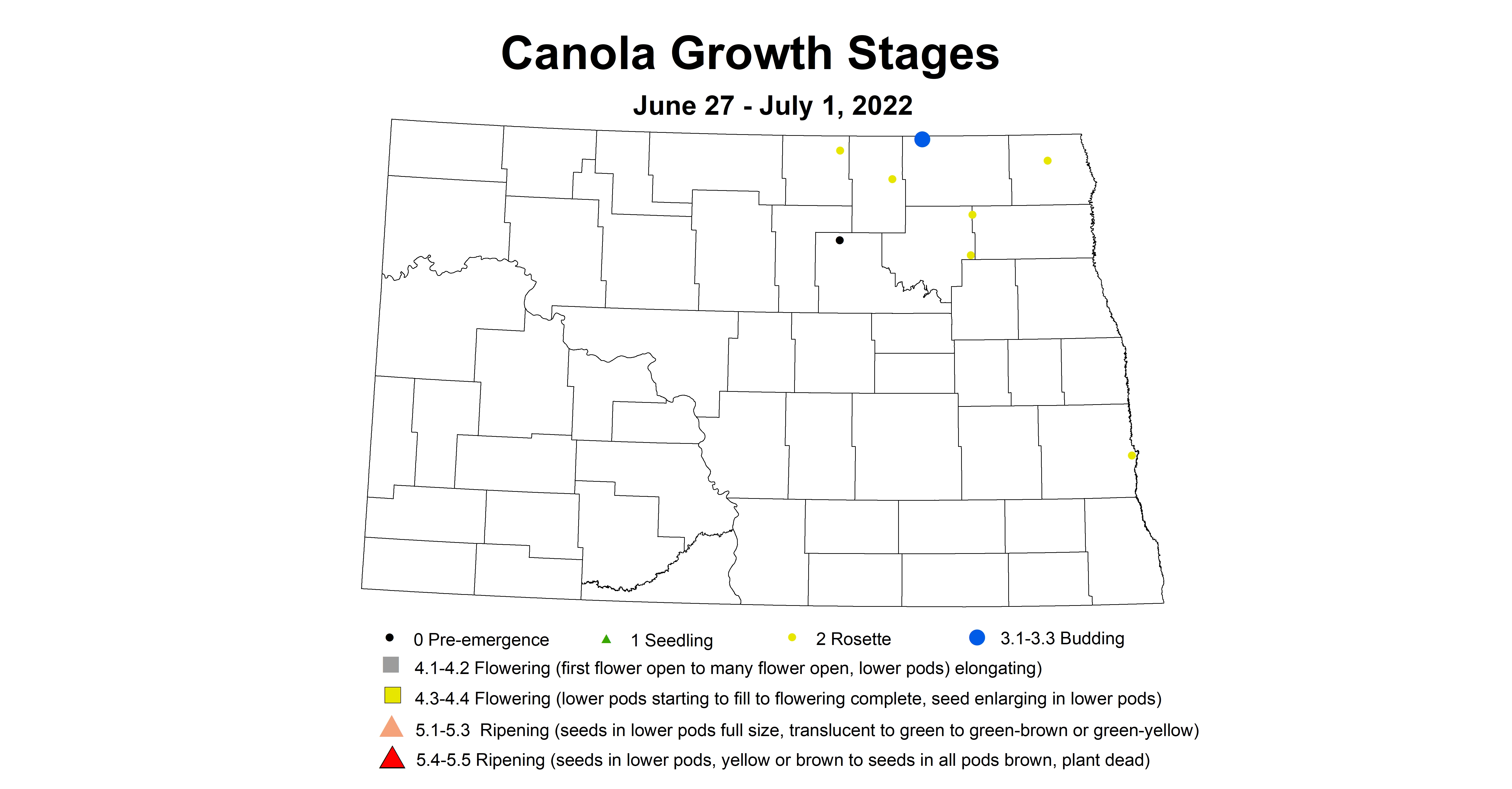 ND IPM map of canola insect trap growth stages June 27 to July 1 2022