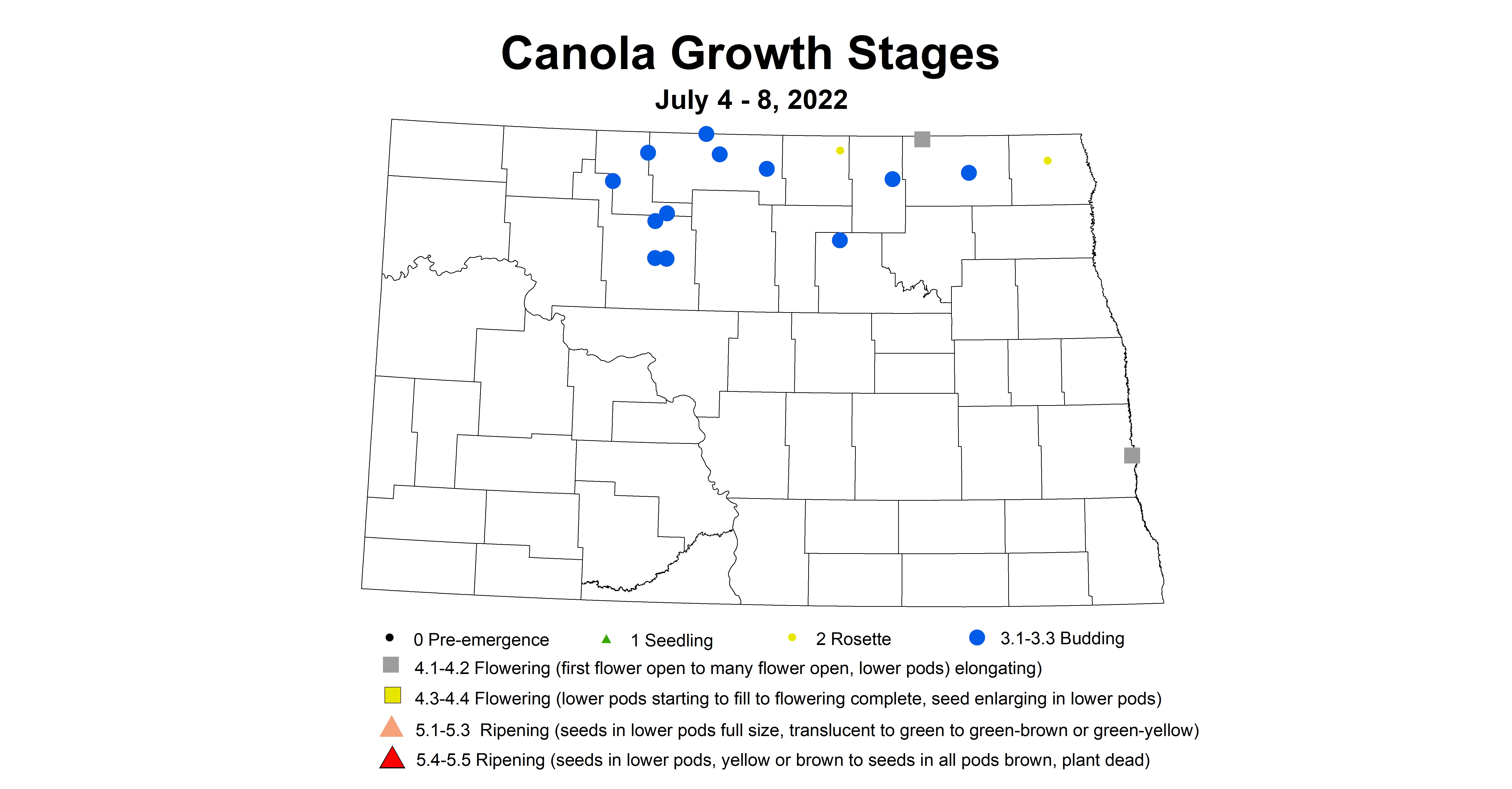 ND IPM map of canola insect trap growth stages July 4-8 2022