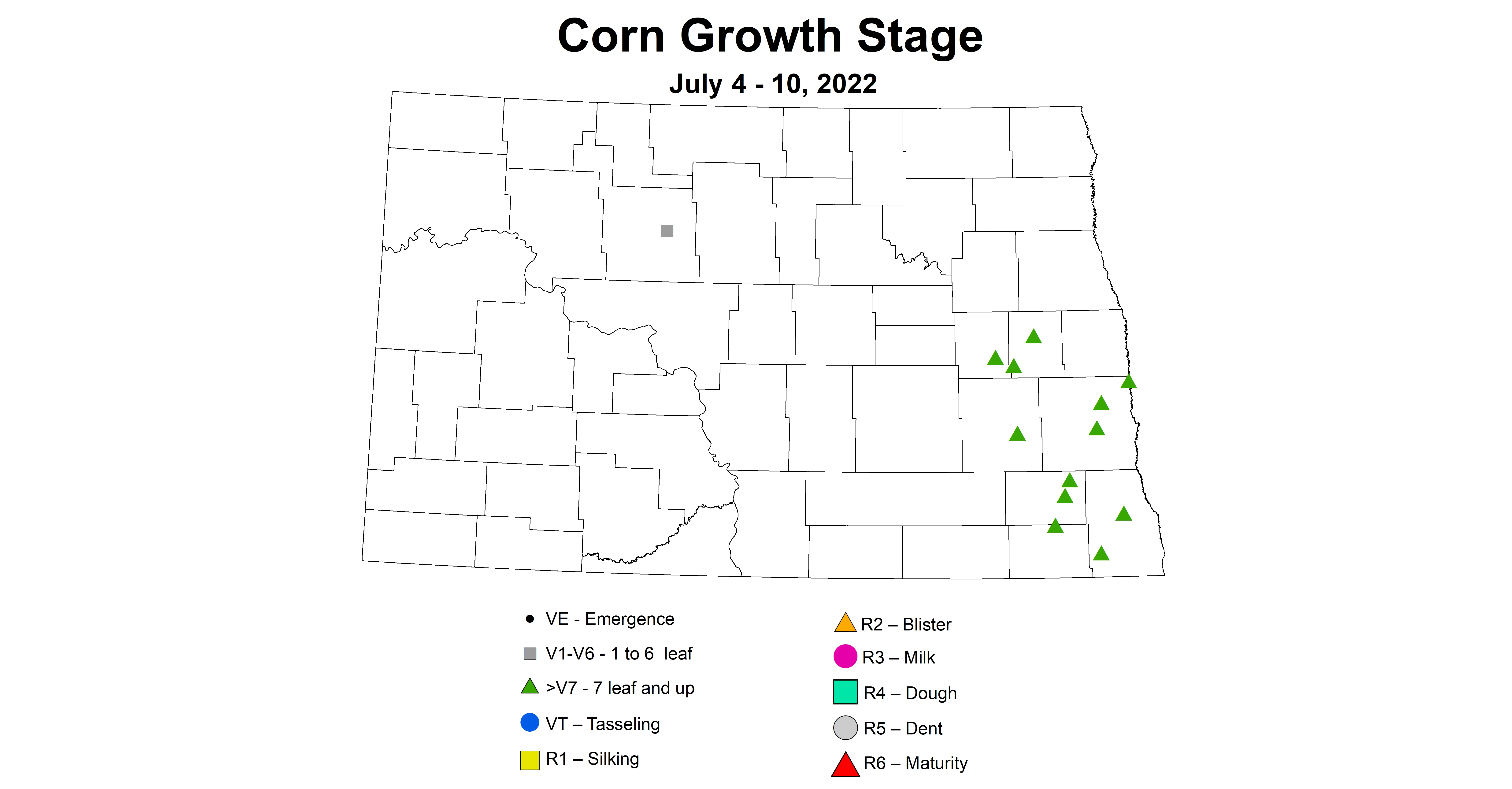 ND IPM map of corn growth stages July 4-10, 2022
