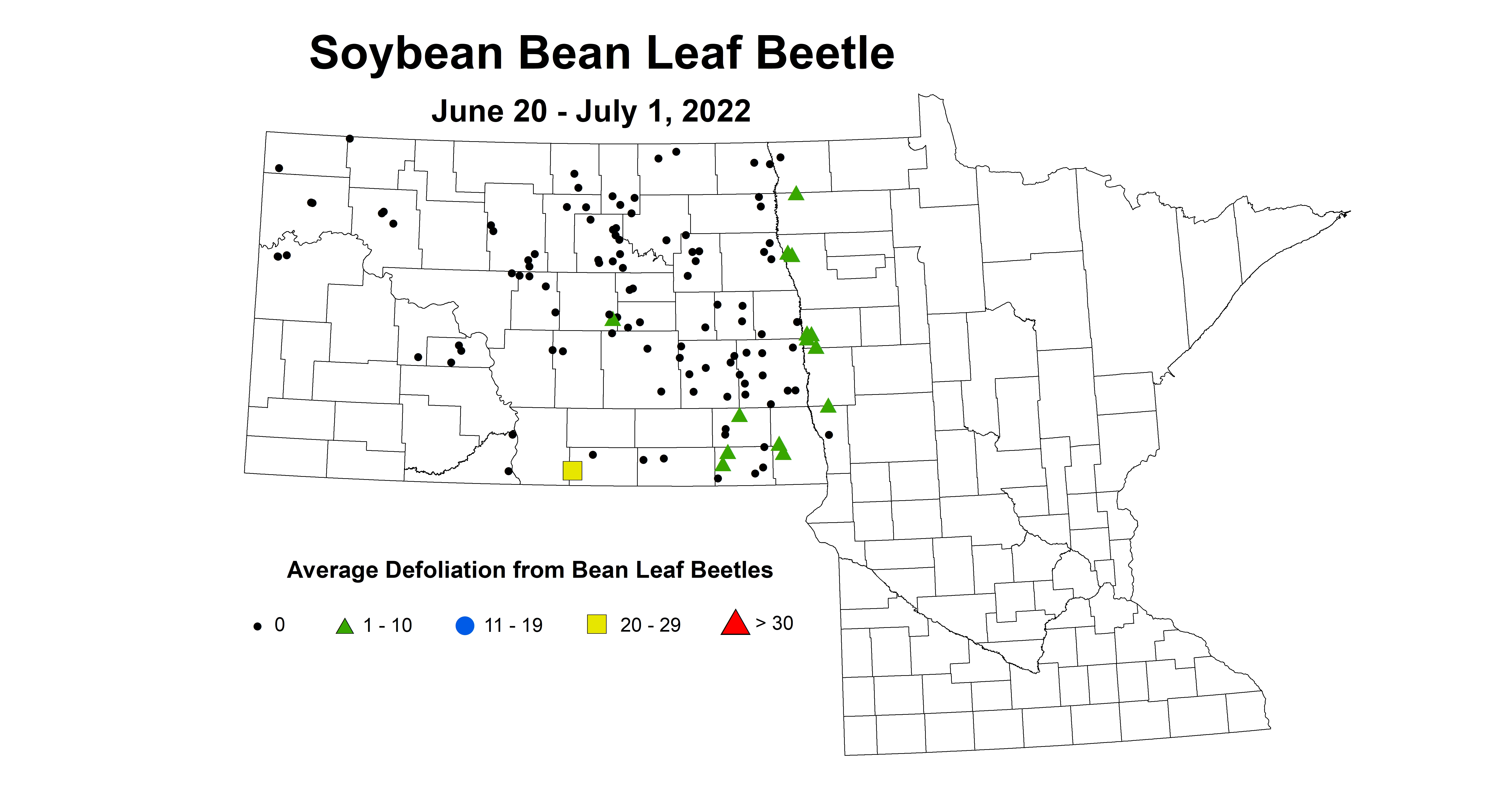 ND IPM map of soybean bean leaf beetle average defoliation June 20 - July 1 2022