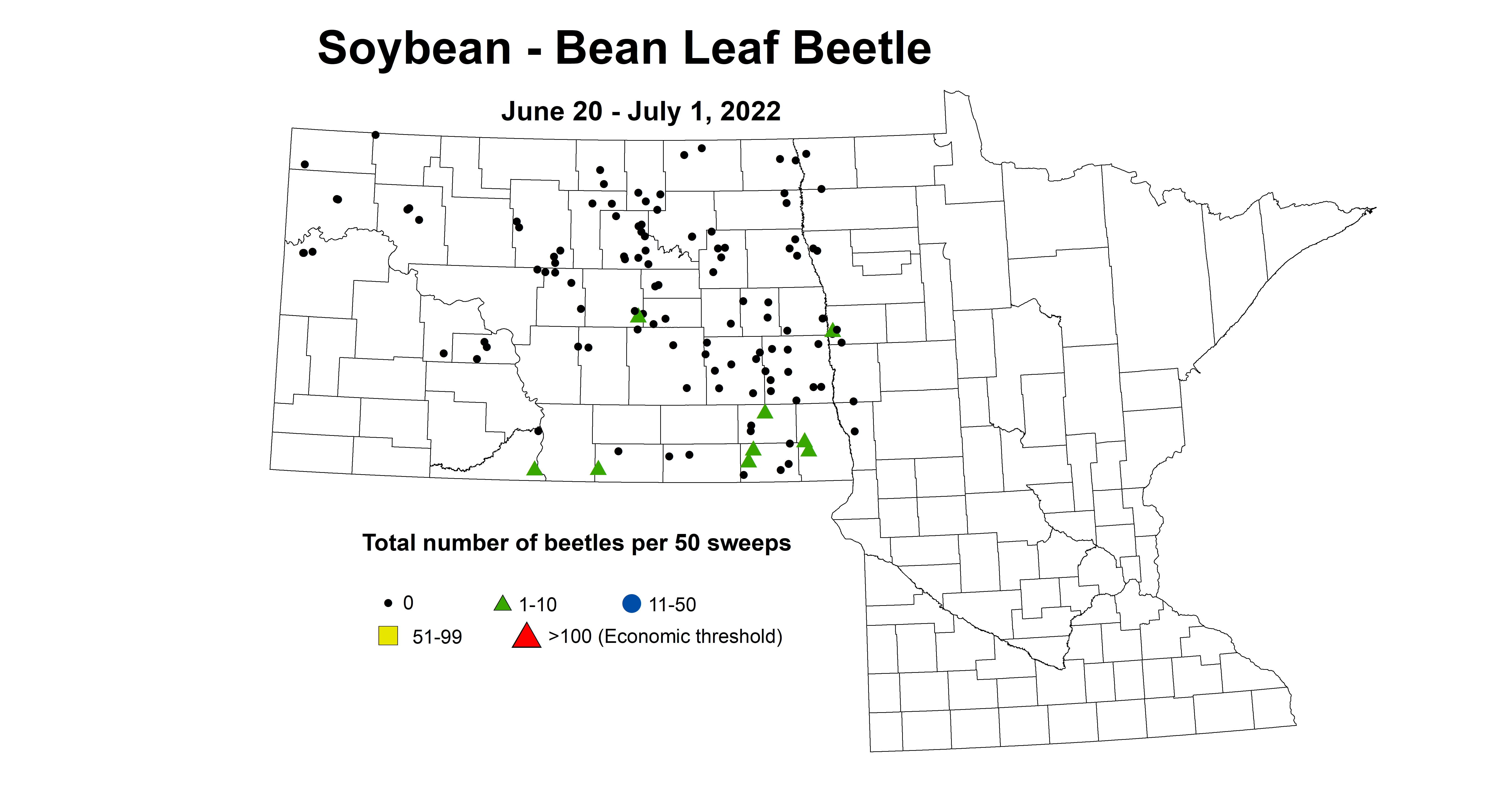 ND IPM map of soybean bean leaf beetle per 50 sweeps June 20 - July 1 2022