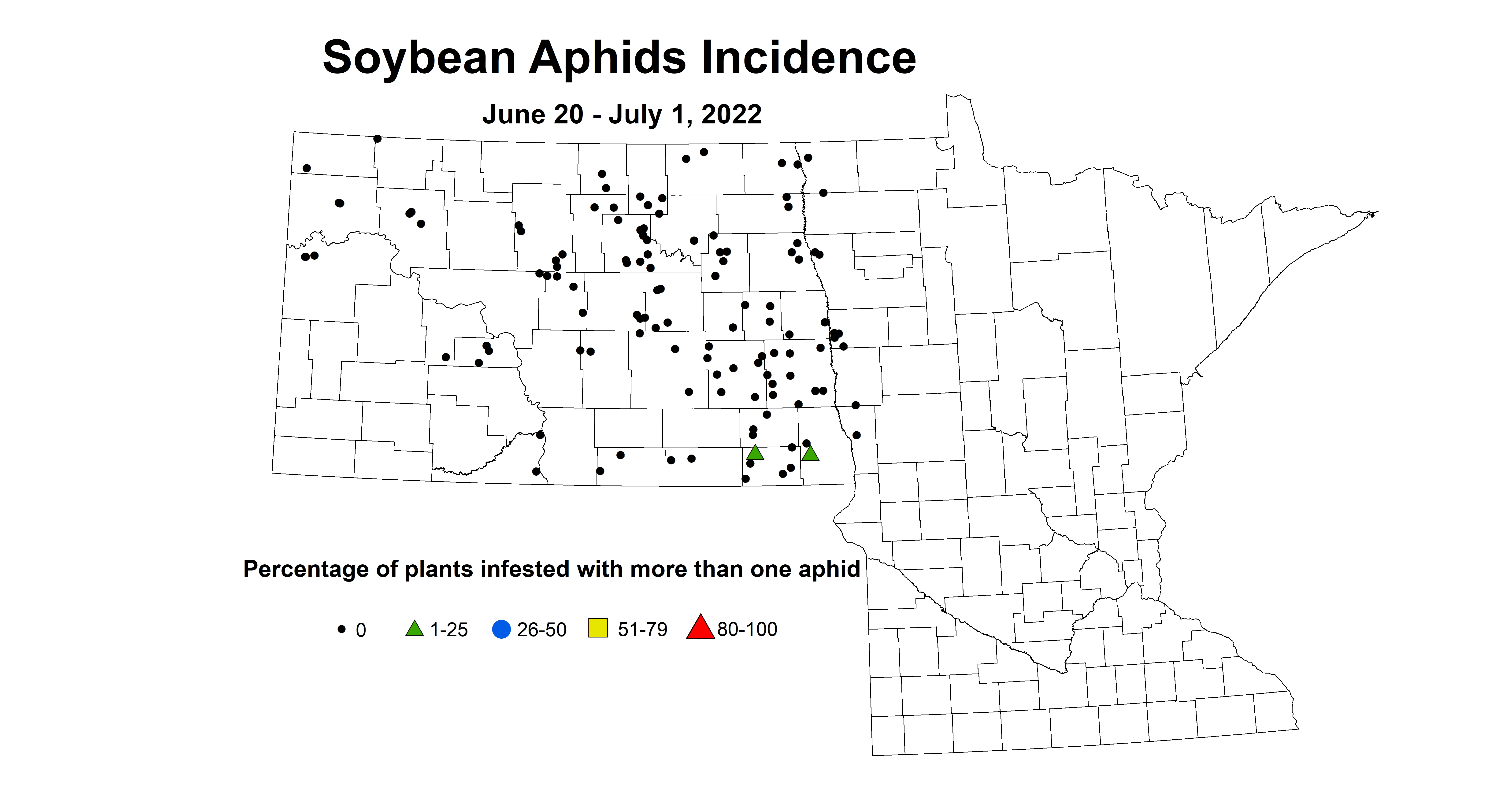 ND IPM map of soybean aphid incidence June 20 - July 1 2022