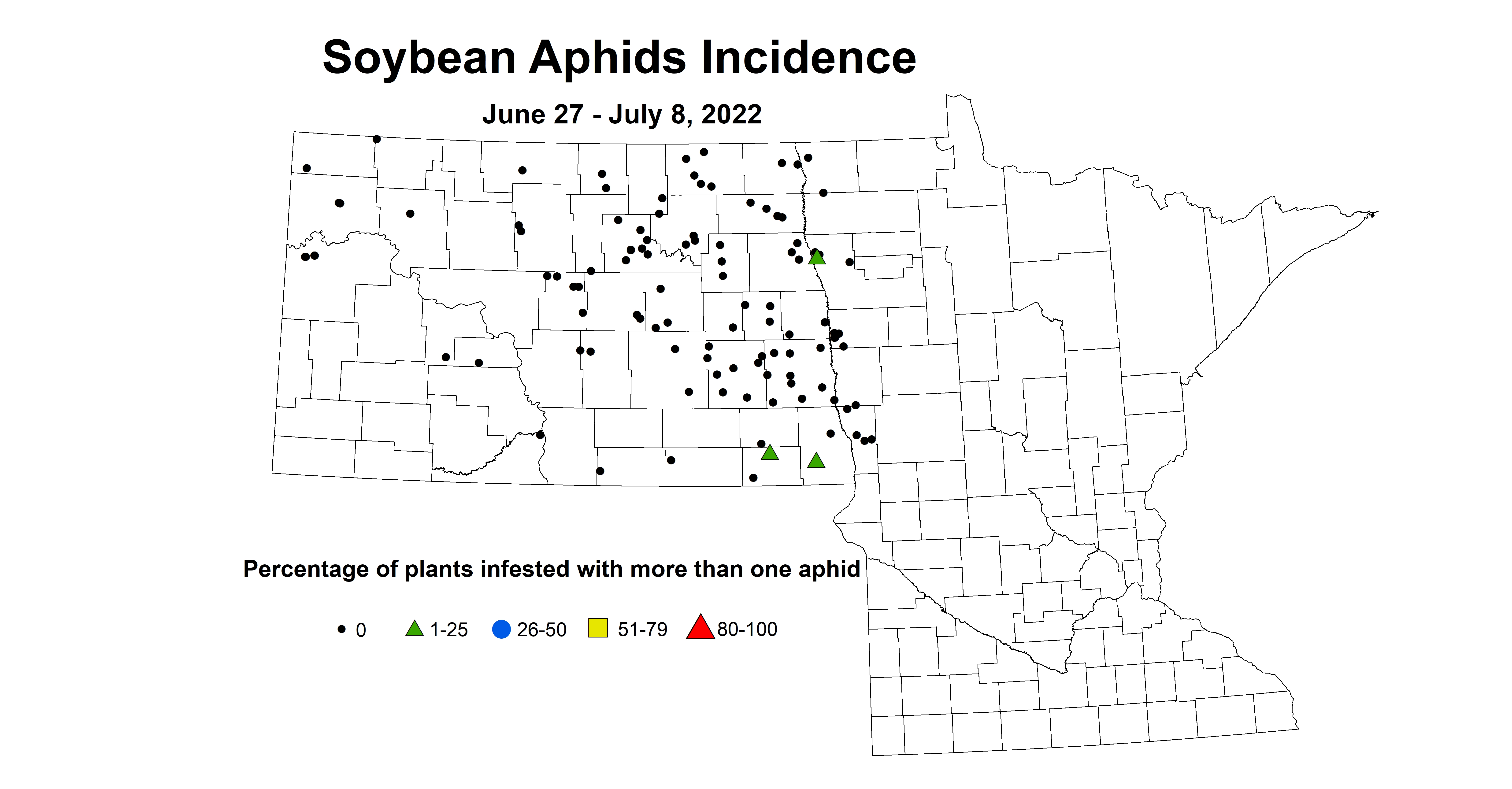 ND IPM map of soybean aphid incidence June 27 - July 8 2022