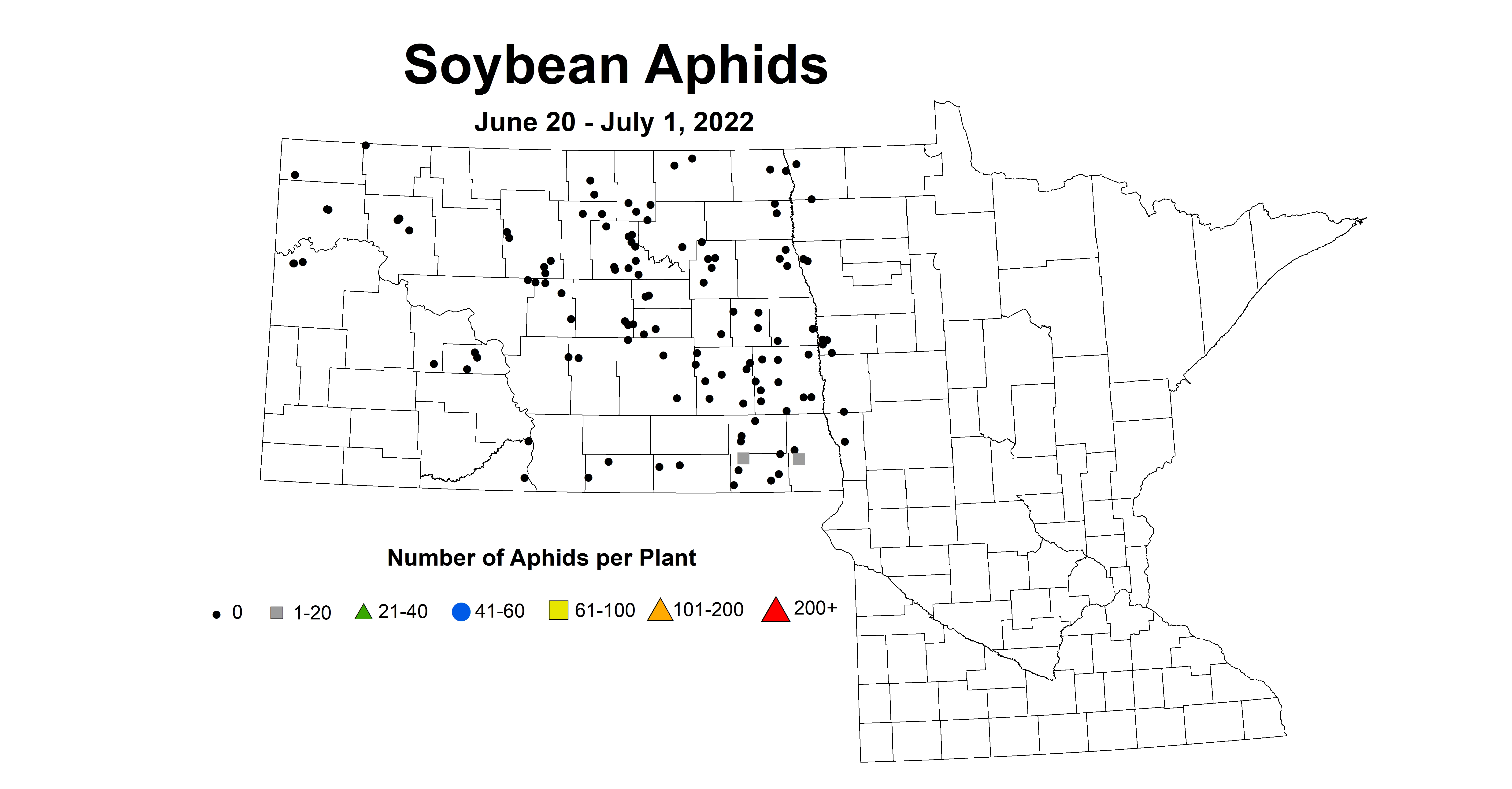 ND IPM map of soybean aphid average number June 20 - July 1 2022
