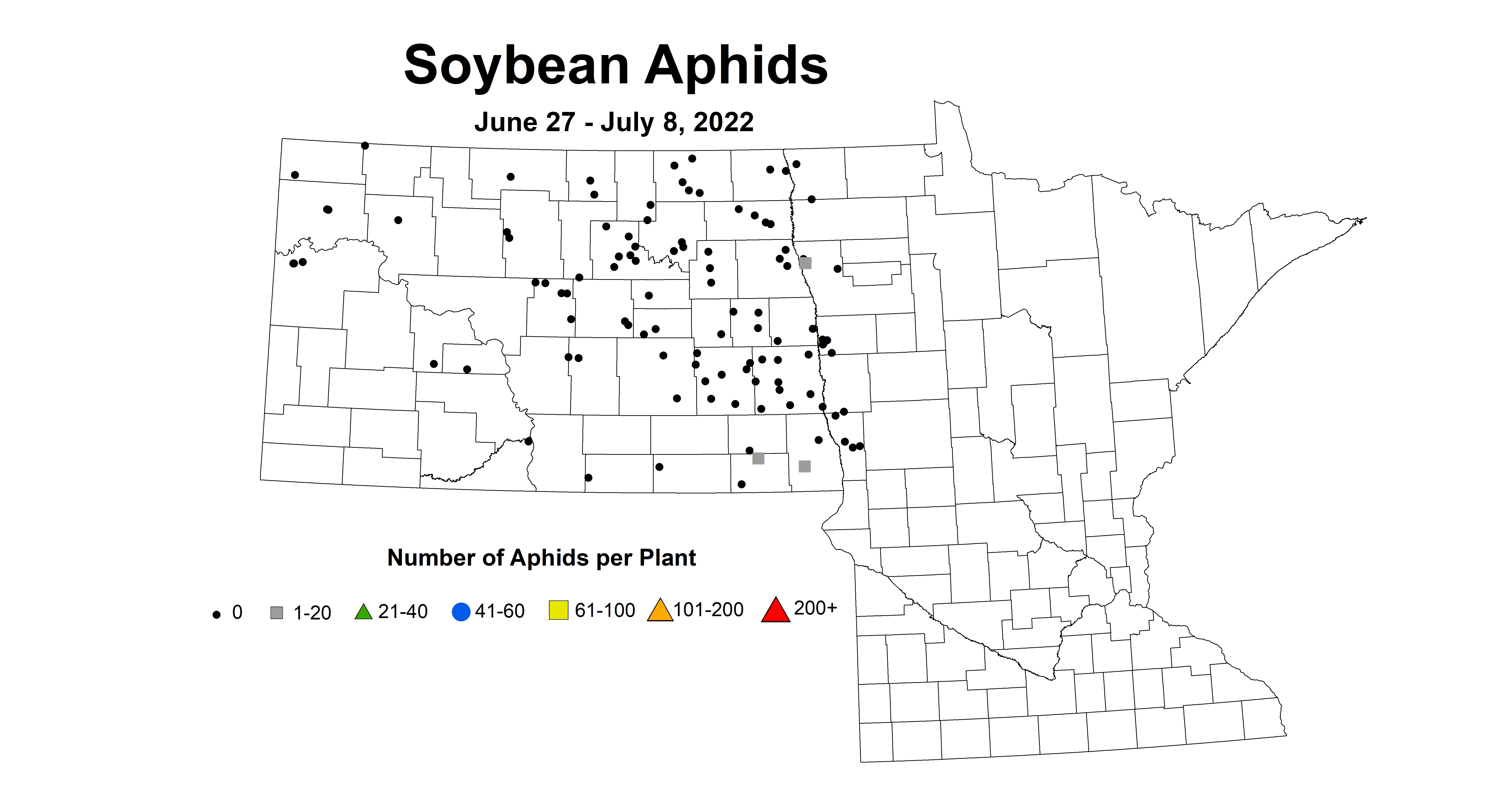 ND IPM map of soybean aphid average number June 27 - July 8 2022