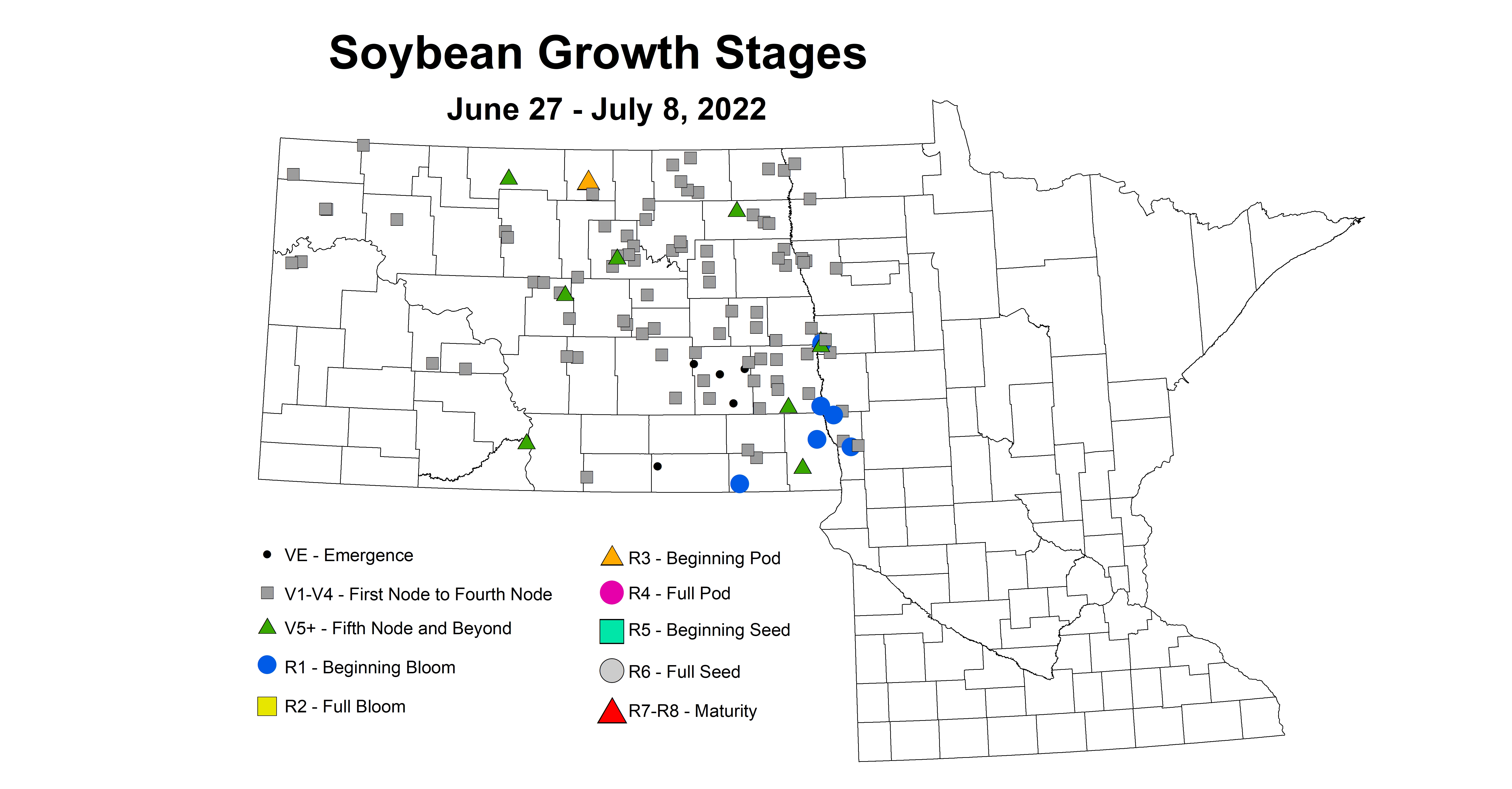 ND IPM map of soybean growth stages June 27 - July 8 2022