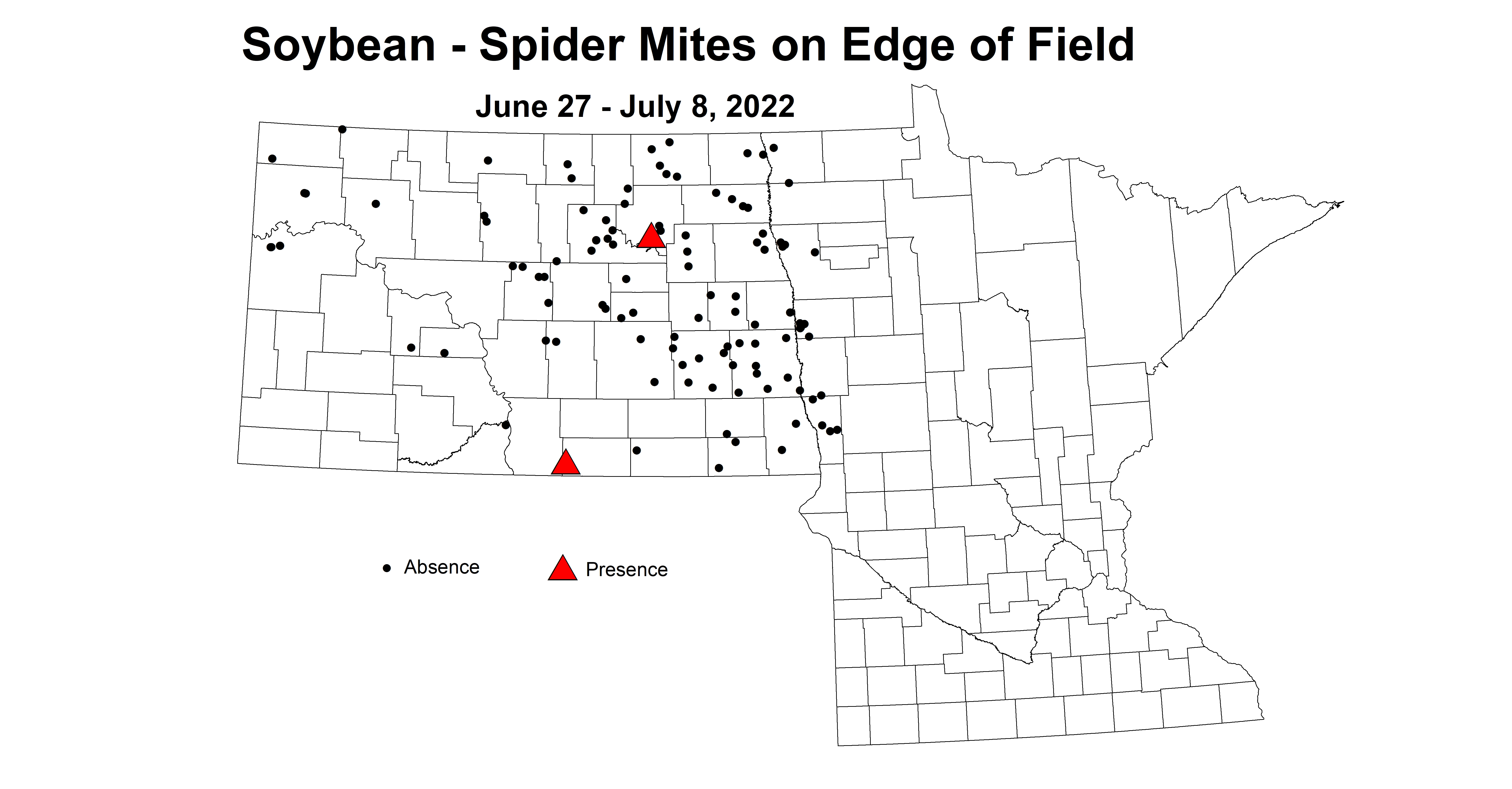 ND IPM map of soybean spyder mites on edge of field June 27 - July 8 2022